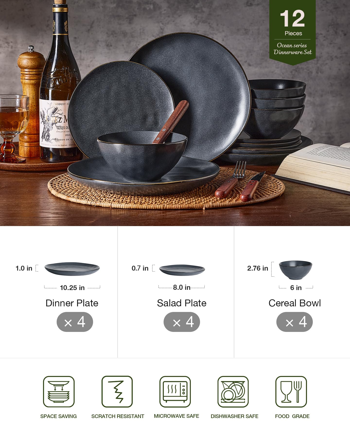 Famiware Service de table pour 4 personnes, océan rond, 12 pièces, noir mat