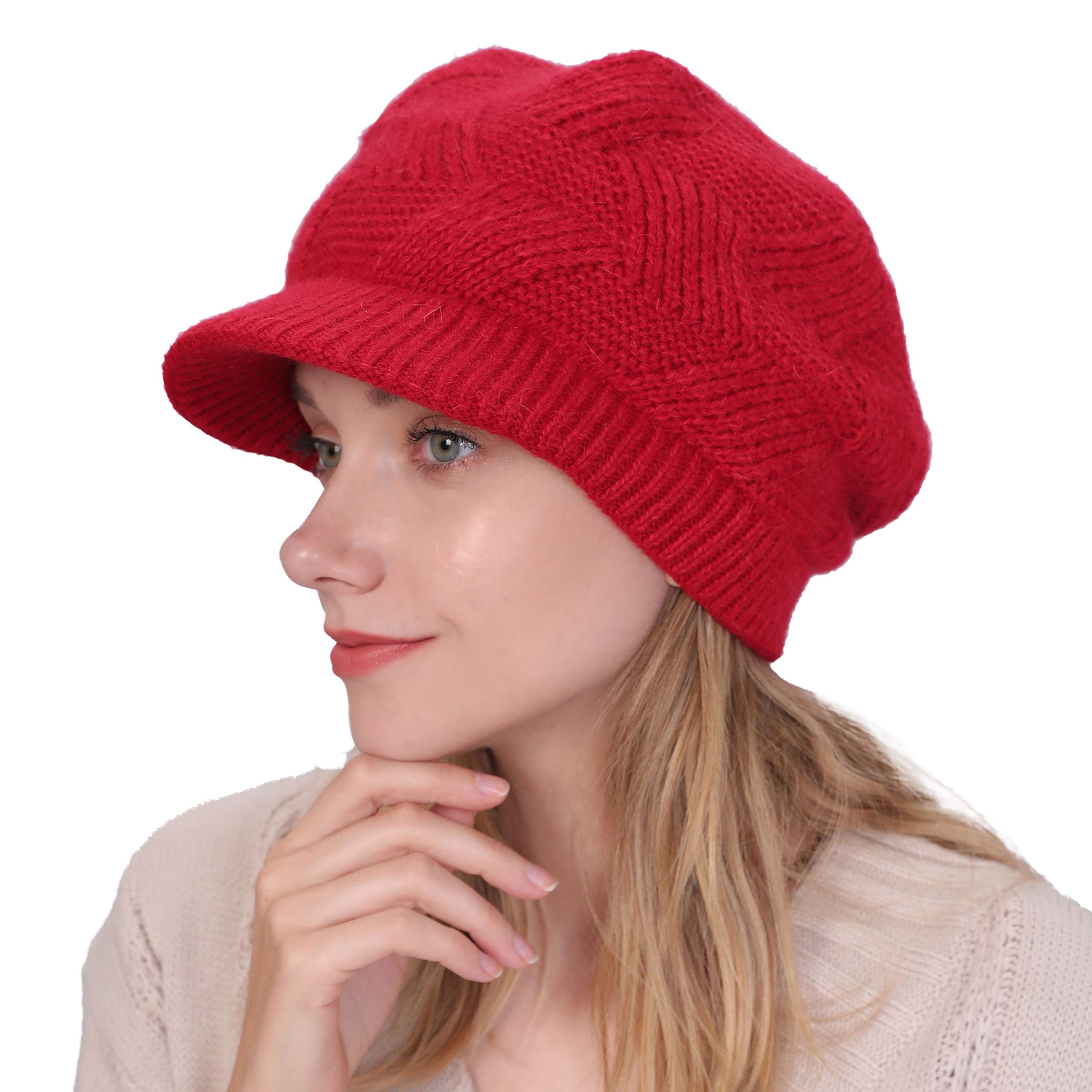 Women Winter Warm Hat Slouchy Cable Knit Visor Crochet Beanie Hats Snow Ski Skull Cap with Brim Red