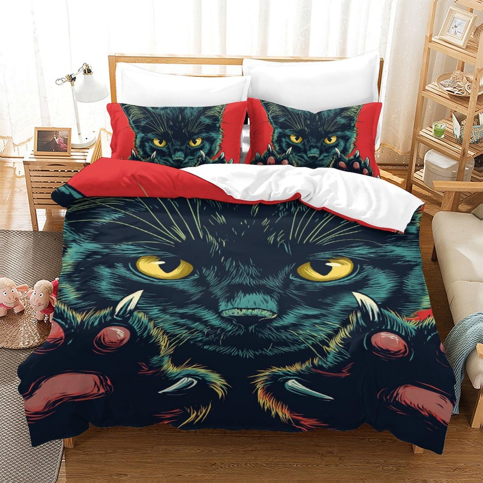 Housse de couette chaton 3D pour lit simple anti-plis microfibre