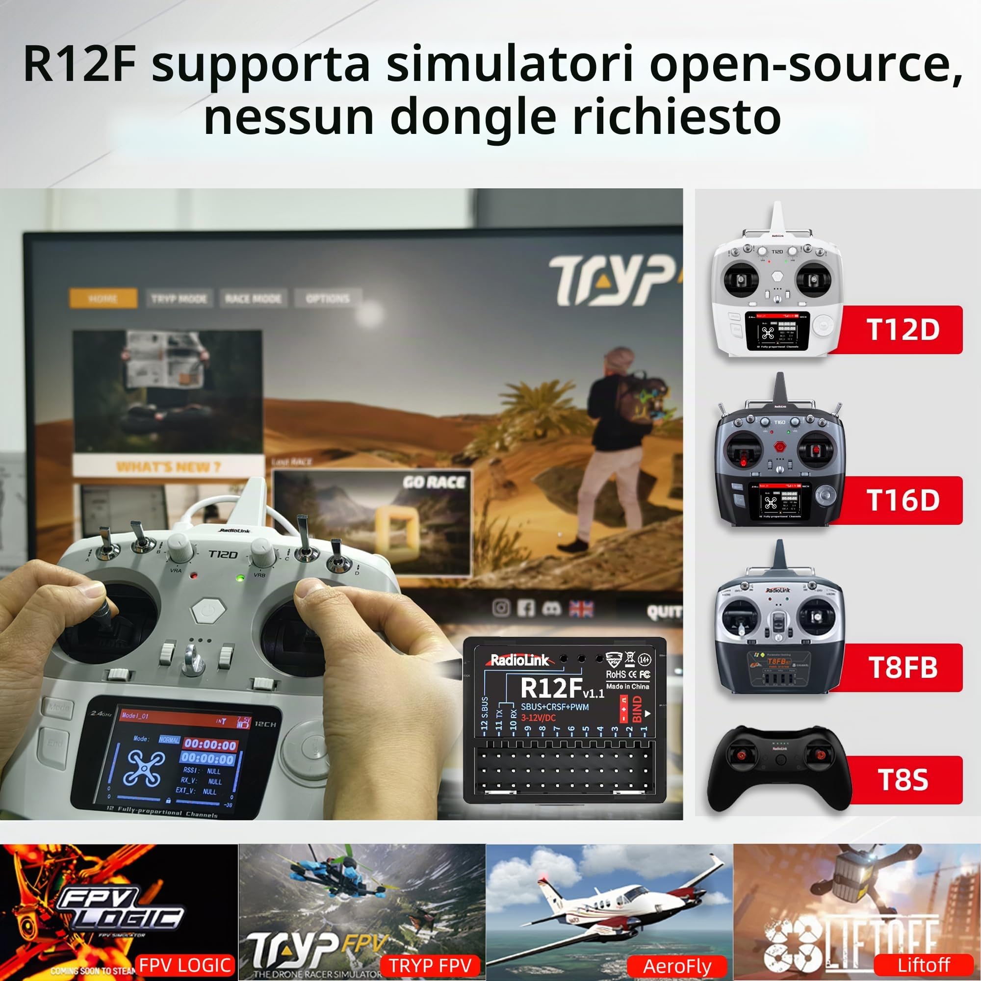 Radiolink Ricevitore RC R12F a 12 canali 2,4 GHz compatibile con trasmettitori T16D/T12D/T8FB/T8S/RC4GS V3/RC6GS V3, ideale per aerei RC, jet, auto, barche e robot