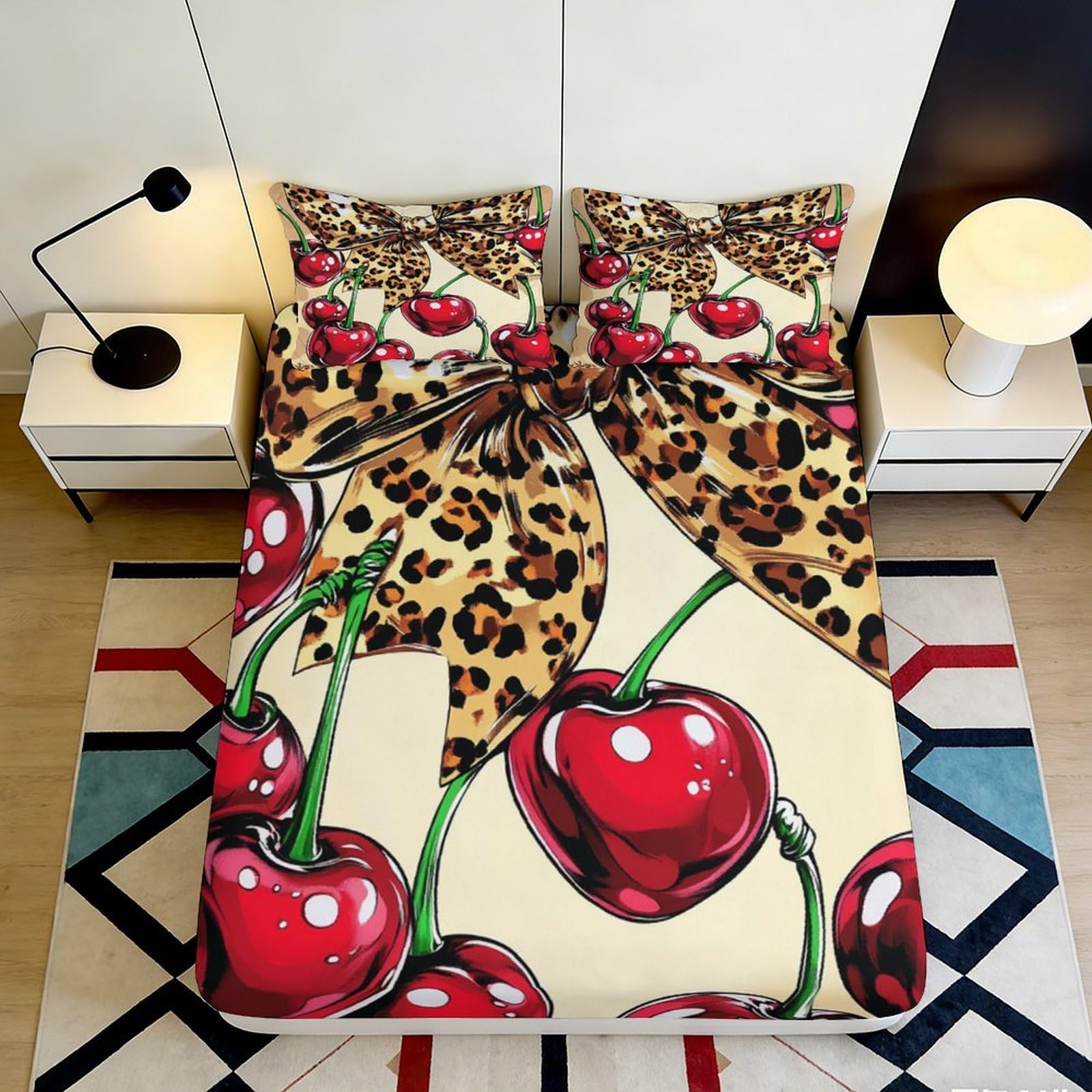 3D Printed Cherry Leopard Bow Fitted Sheet Microfiber Soft Breathable Leopard Pattern Bed Cover for Bedroom Dormitory Guest Room Mattress Protection 200x200x25cm