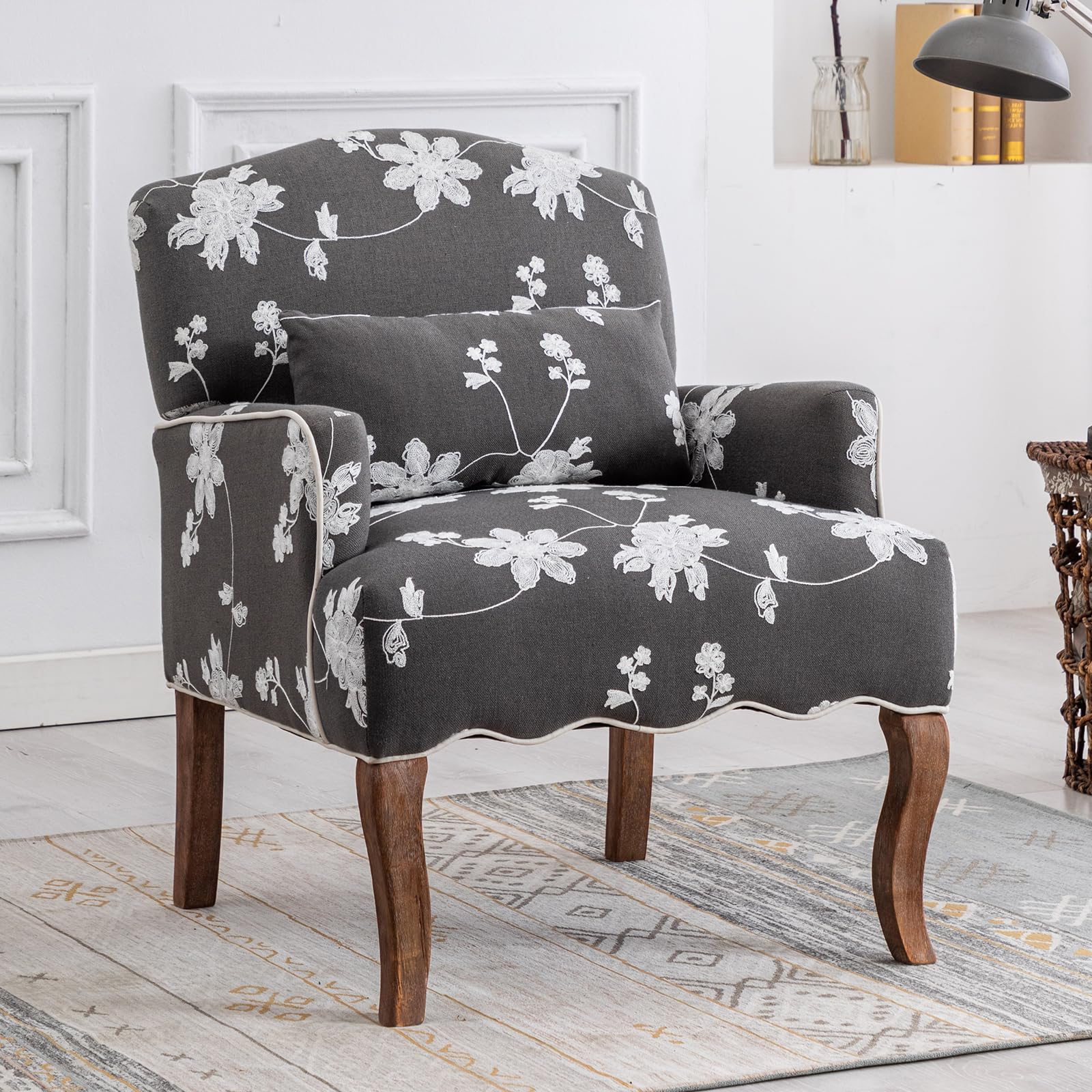 chairus Linen Single Sofa Chair Upholstered Armchair for Living Room Retro Printed Occasional Longue Chair with Wood Legs, Gray