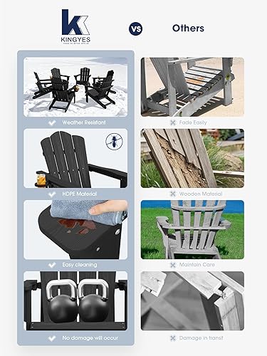 Vista 9 de KINGYES - Silla Adirondack plegable, sillas de patio de polietileno de alta densidad para todo tipo de clima, silla de césped con textura de madera