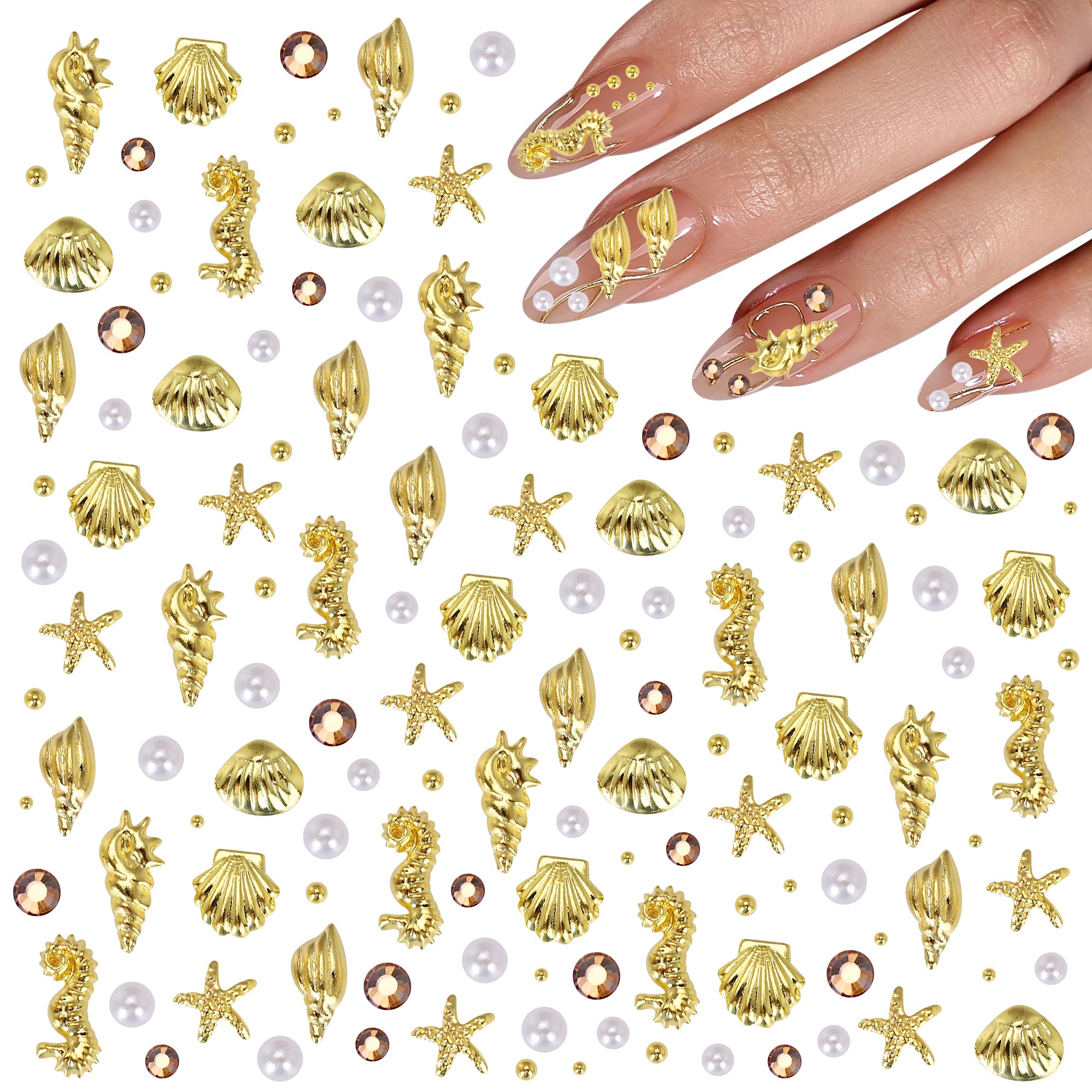 Seashell Nail Charms Gold 3D Beach Nail Charms with Starfish Ocean Theme Metal Nails Art Decorations Rhinestones and Gold Beads for Summer Manicure-image-40