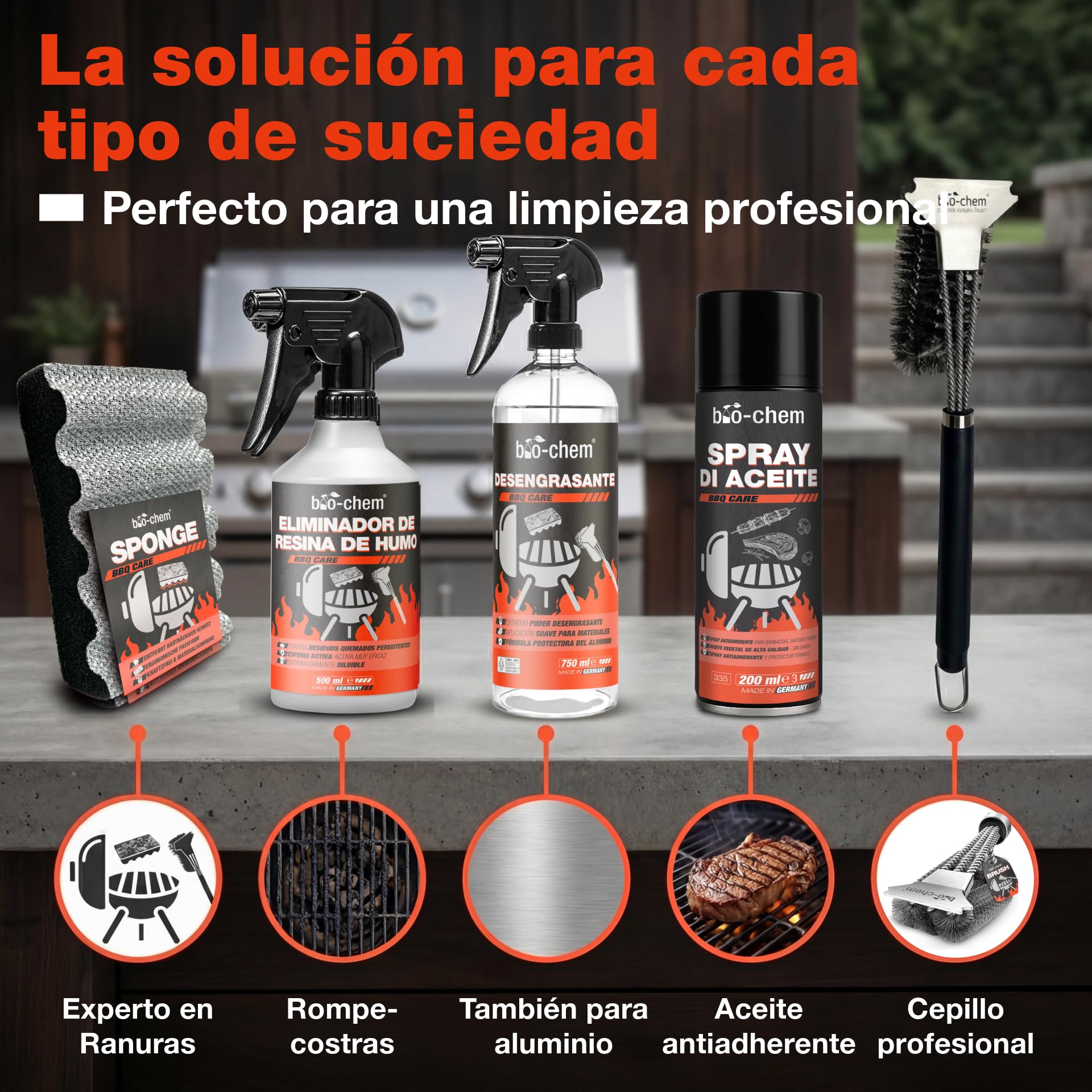 Bio-Chem - Decapante resina quemaduras 500ml - Limpiador superficies barbacoas 750ml - spray pulverizador de aceite 100ml apto para AirFryer - Con cepillo y esponja - Profi Set 5 productos | Con desengrasante, eliminador de resina de humo, spray de aceite