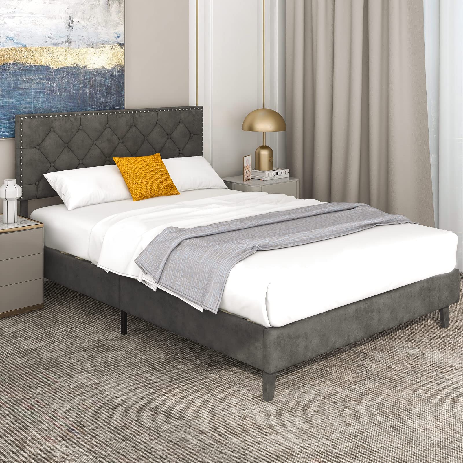 Letto Matrimoniale HOMCOM 140x200cm Con Contenitori - Testiera Imbottita, Grigio, Rete A Doghe - Foto 6