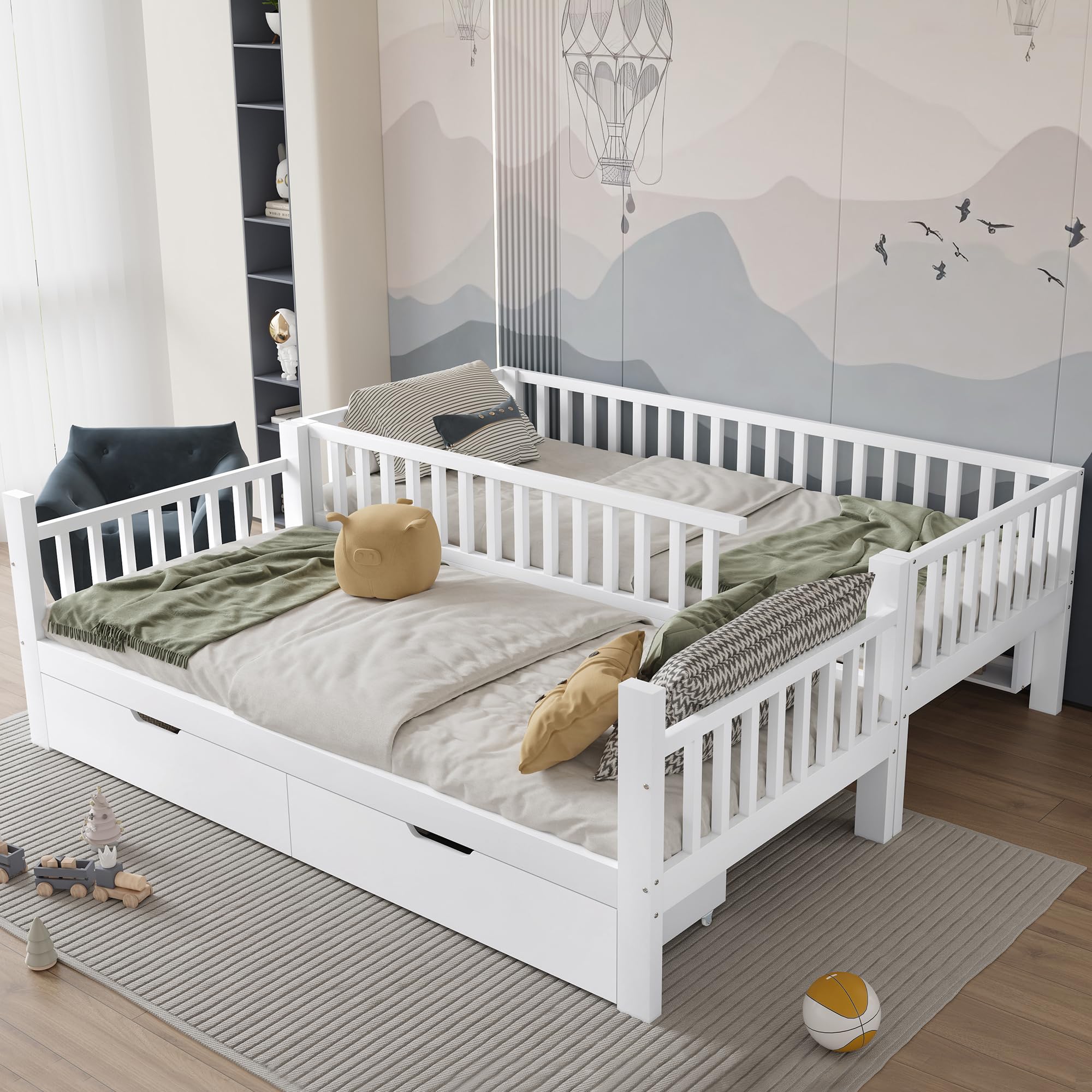 Oyemige Letto a Castello 90x200 cm, Letto per Bambini con 2 Cassetti, Letto Matrimoniale con Parapetto e Scala Ad Angolo Retto, Struttura In Pino, con Parapetto, Rete a Doghe, Bianco, Senza Materasso