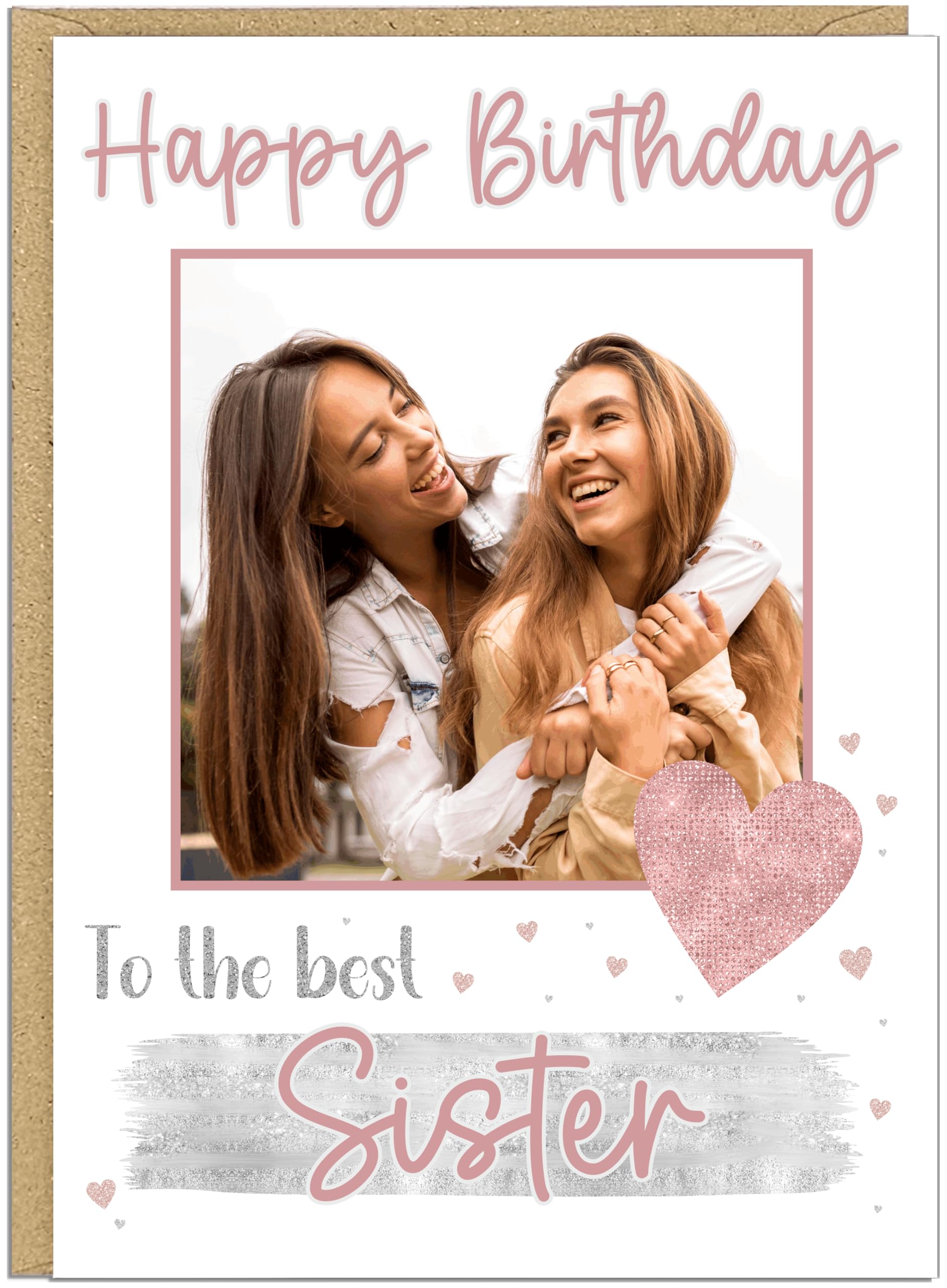 Personalised Single Photo Birthday Card for Her Custom Name on Banner Add Your Own Picture Change Text Under Photo A5 Card for Mum Grandma Sister Nanna Auntie Friend (Pink & Silver)