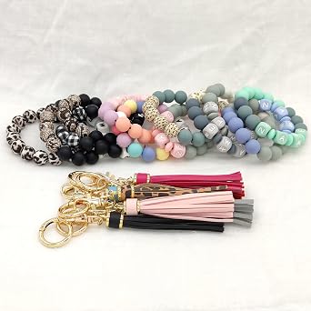 Personalized Bracelet Keychain Elastic Silicone Beaded Key Ring Wrislet Bangle Tassel Portable House Car Keys Ring