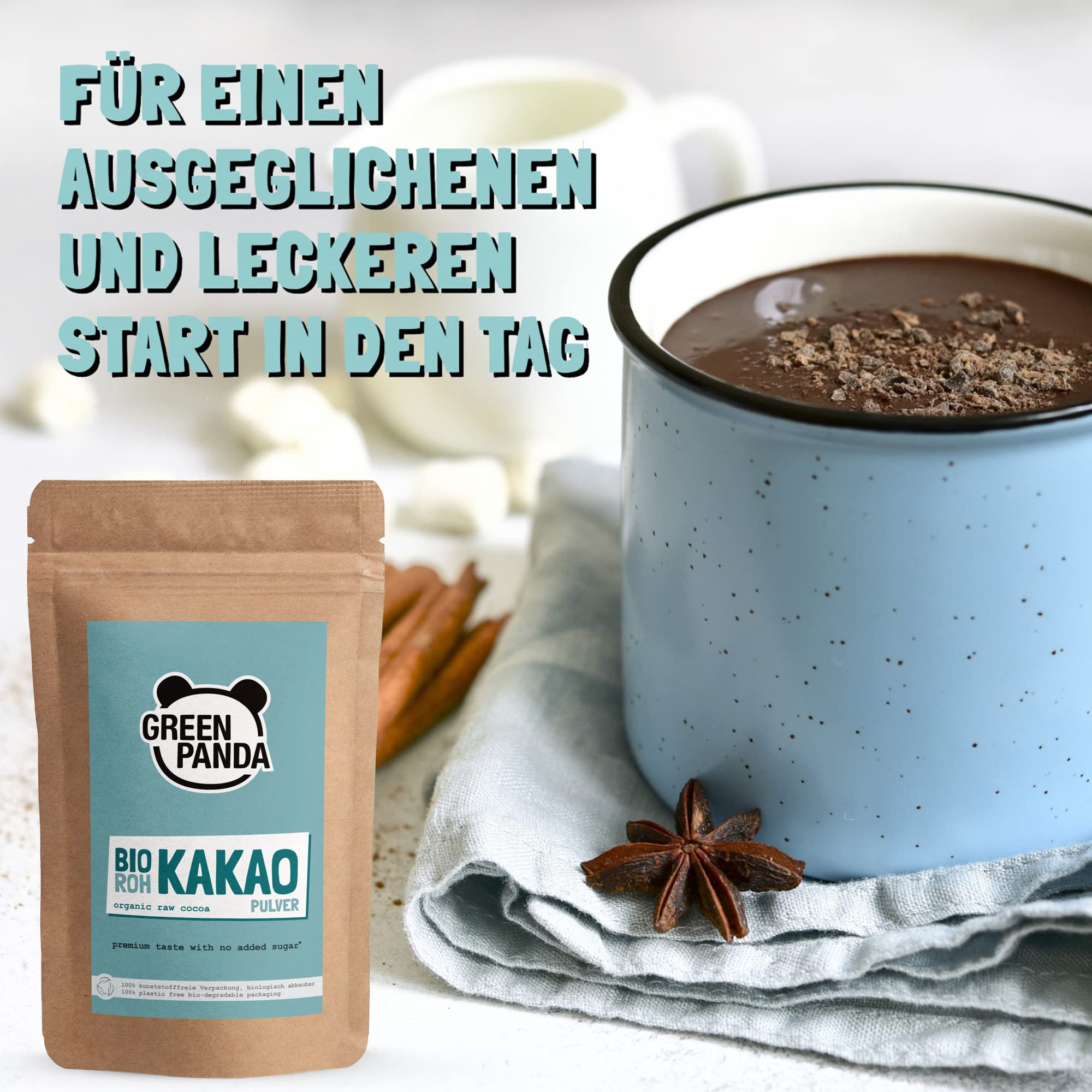GREEN PANDA® BIO Rohkakao aus Premium Kakaobohnen | Bio Kakaopulver stark entölt und zuckerfrei | Kakao ohne Zucker für Trinkschokolade, Shakes, Desserts, zum Backen oder ins Müsli | 1kg