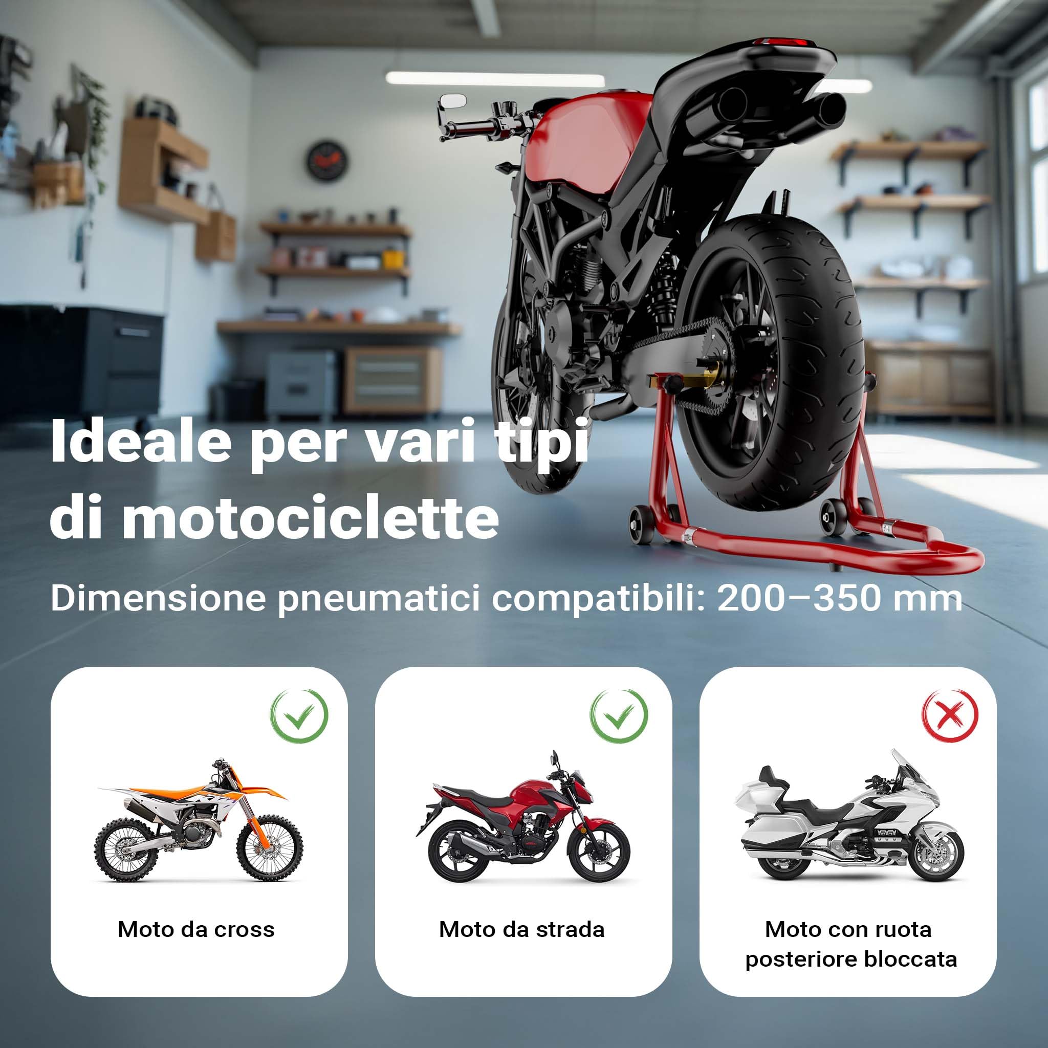 Wiltec Cavalletto alzamoto posteriore sotto forcella, max 450 kg, con rotelle, per ruote posteriori