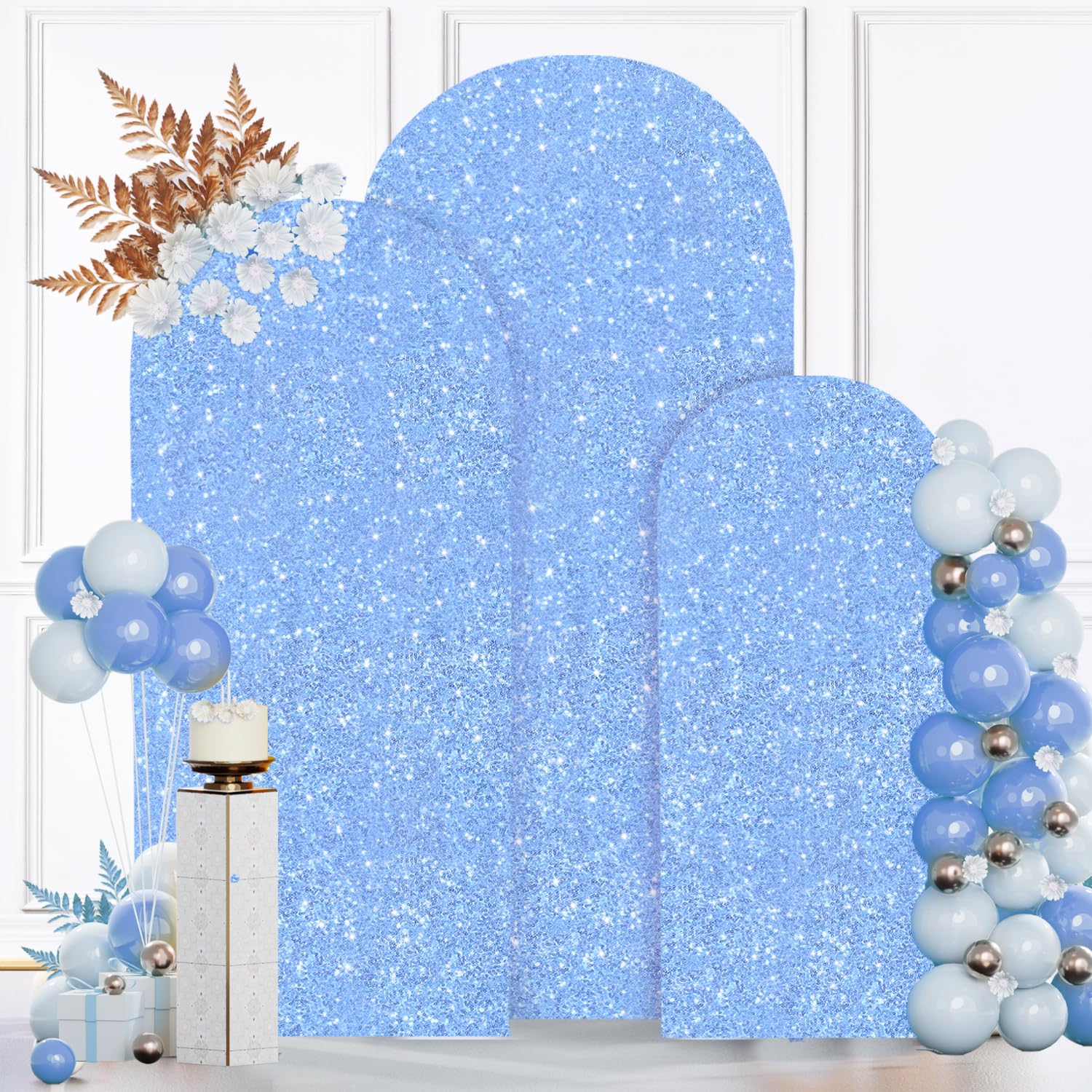 MODFUNS Sequin Arch Covers Baby Blue Arch Cover Set of 3 Wedding Arch Cover 6ft 6.6ft 7.2ft Glitter Spandex Arch Cover Balloon Arch Stand Cover Round