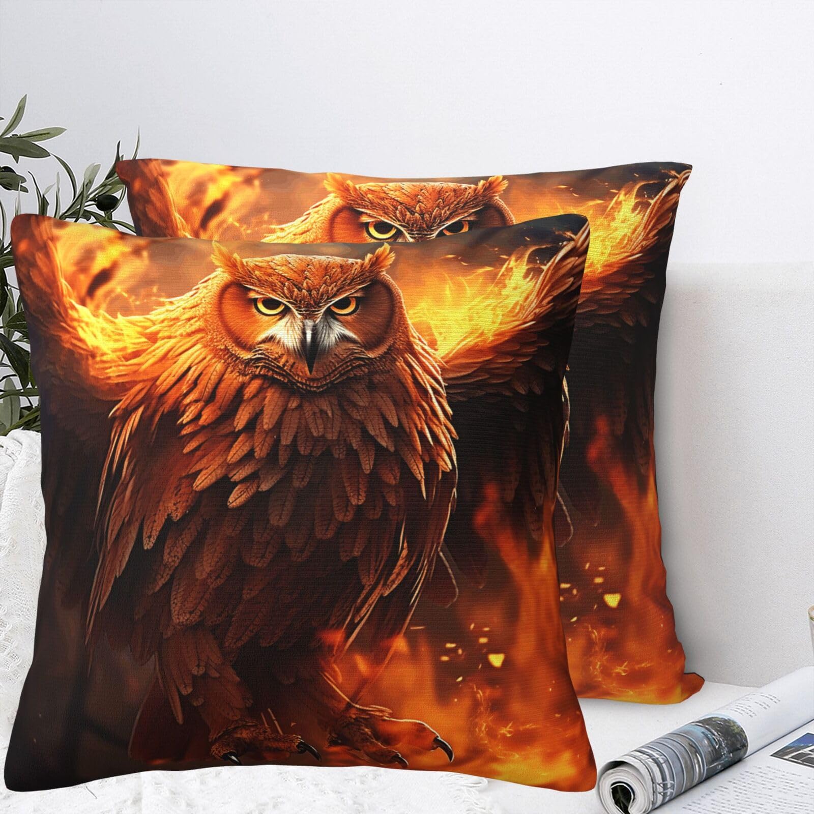QMKFWT Cool Flame Owl Plush Throw Pillow Covers 24"X24",Soft Cozy Couch Cushion Covers Decorative Pillow Cases for Holiday Home Bedroom Sofa Decors