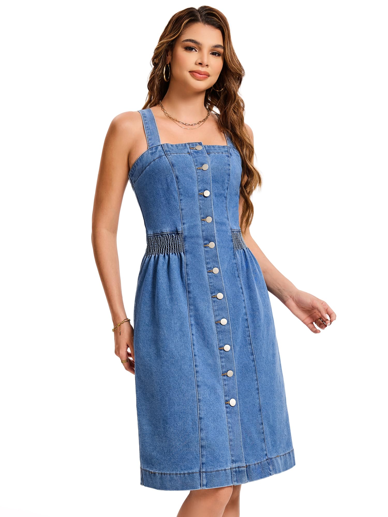 Robe Midi en Jean Femme sans Manches Boutonnage sur Le Devant