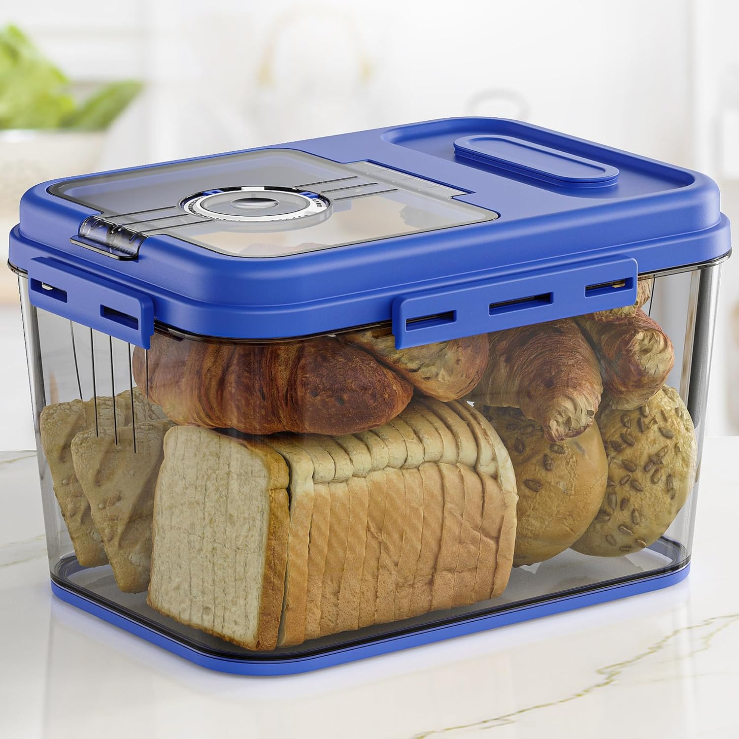 Bread storage container with airtight lid, blue