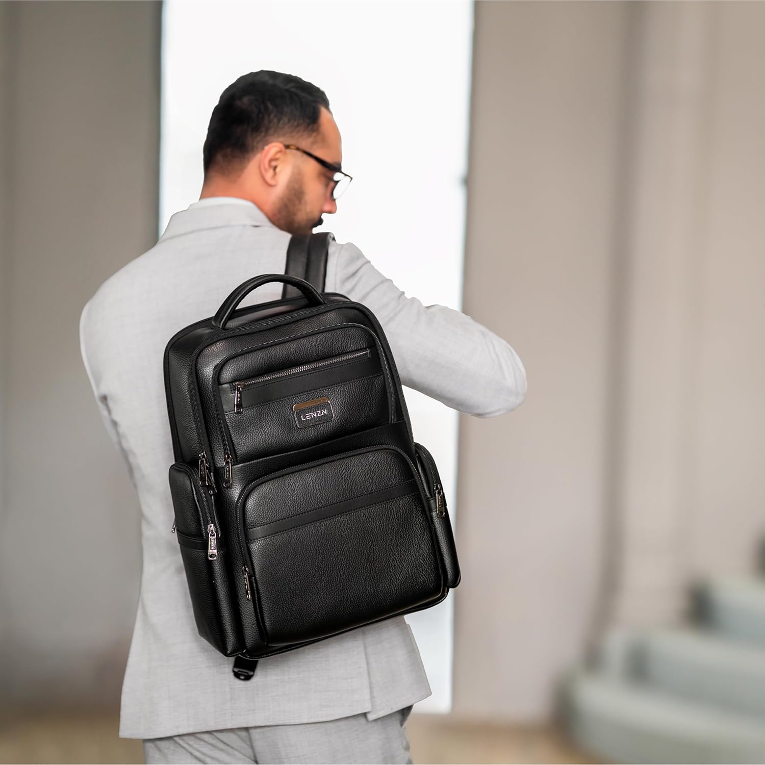 LENZN Durable Leather Laptop Business Backpack Perfect for Men & Women, Work Backpack Fits 15.6 Inch, Premium Quality Travel Bag with USB Charging Port, Water-Resistant, Bookbag with Multiple Pockets