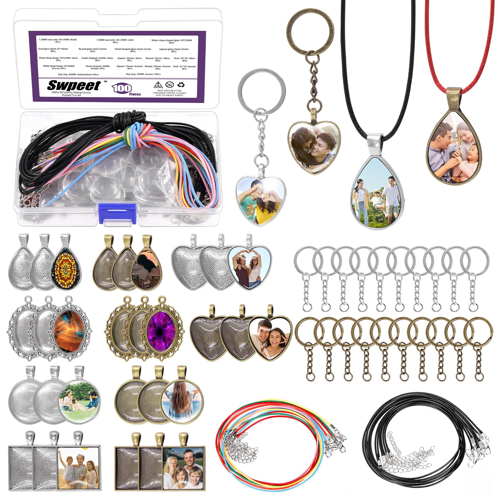 Swpeet 100Pcs 5 Shape Round/Teardrop/Heart/Oval/Square Pendant Trays Kit for Jewelry Making, Bezel Pendant Trays, Clear Glass Cabochons Tiles, Key Ring with Chain and Waxed Necklace Cord for Crafts