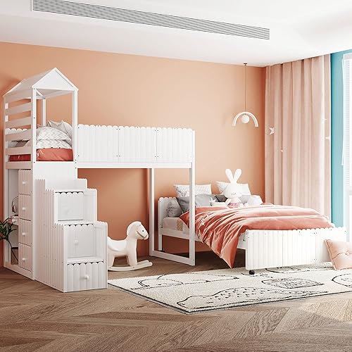 Miniatura 4 de ERDAYE Marco de cama de tamaño individual sobre matrimonial marco de cama grande de madera con 2 estantes y 7 cajones diseño de ahorro de espacio