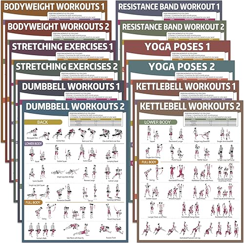 gisgfim 12 pósteres de entrenamiento para mancuernas de gimnasio en casa, peso corporal, estiramiento, pesas rusas, yoga, bandas de resistencia,