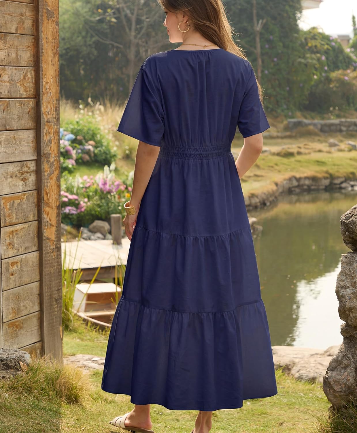 Summer Linen Dress with Pockets Casual Flowy Maxi Dresses Lightweight Short Sleeve Spring Vacation Outfits Boho Beach