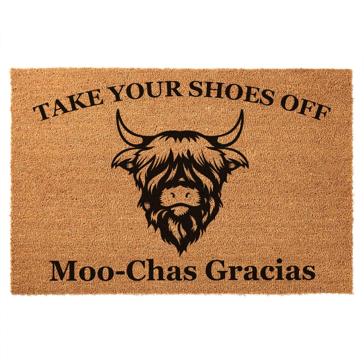 Funny Coir Doormat - Highland Cow 'Take Your Shoes Off' Chas Welcome Front Porch Decor - Heavy-Duty PVC Backing Non Slip Outdoor Coir Doormat - 23.6 x