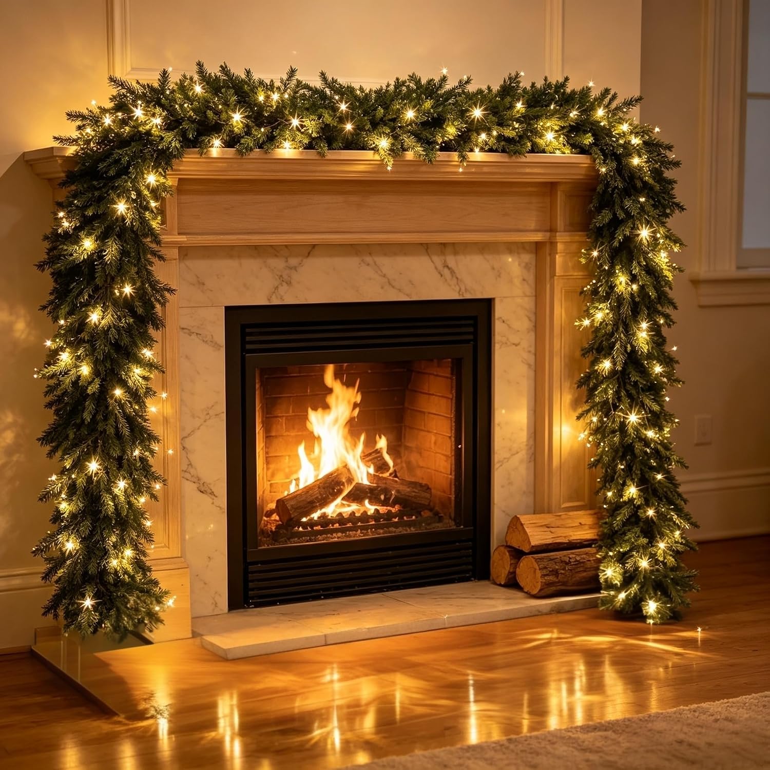 HipTree 9FT Real Touch Christmas Cedar Garland with Light String, Artificial Greenery Garland for Mantel Fireplace Staircase Table Centerpiece Indoor Outdoor Winter Holiday Decor, All Year-Round