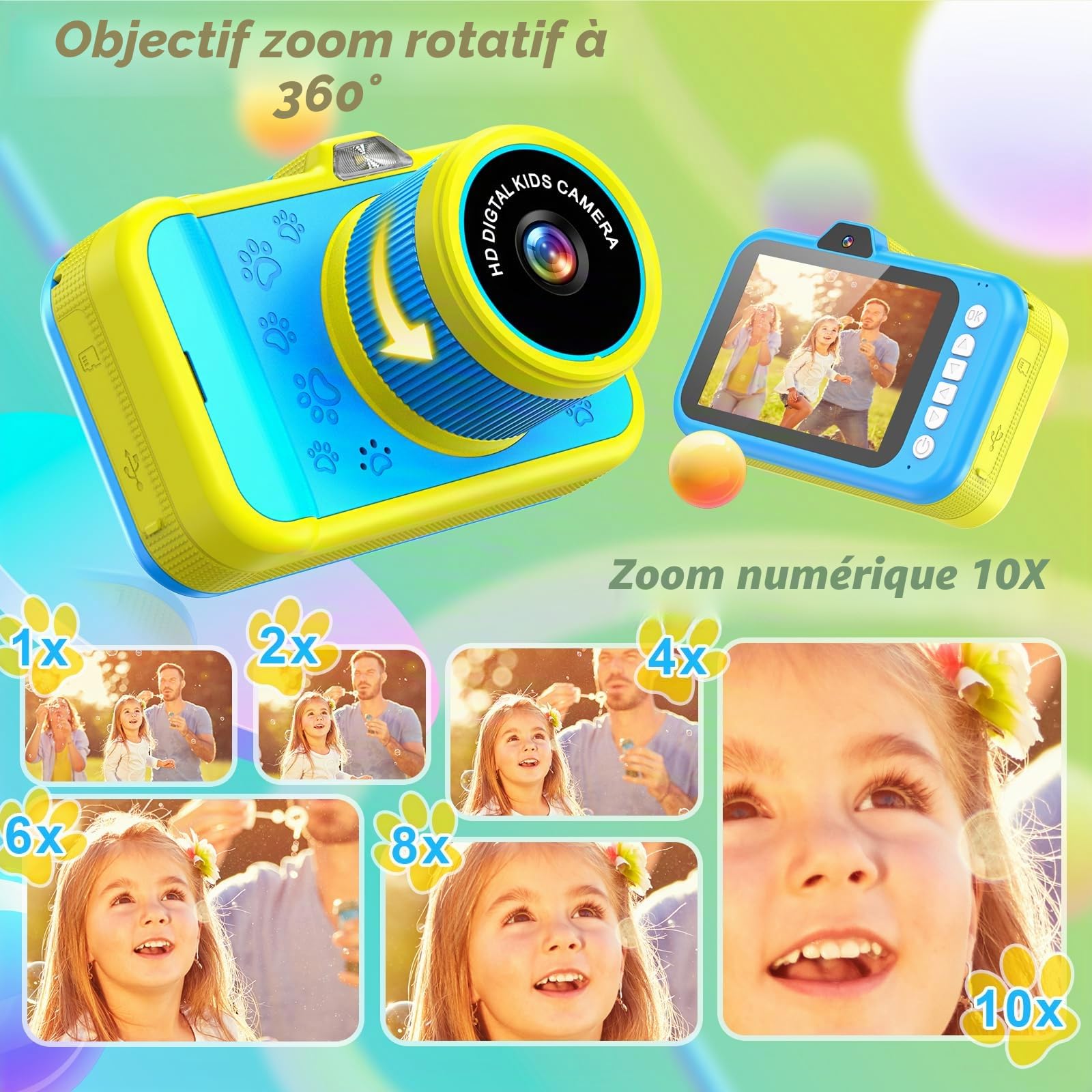 Ushining Appareil Photo Enfant, 3,5 Pouces Grand Écran 1080P Appareil Photo Numérique Enfant avec Objectif Zoom Rotatif à 360° Flash LED Carte de 32 Go, Caméra Vidéo Cadeau pour Enfants 3 à 12 Ans