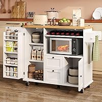 KNOWORLD 41.3" Rolling Kitchen Island Cart with Drop-Leaf Countertop, Storage Cabinets, Towel & Spice Racks, White