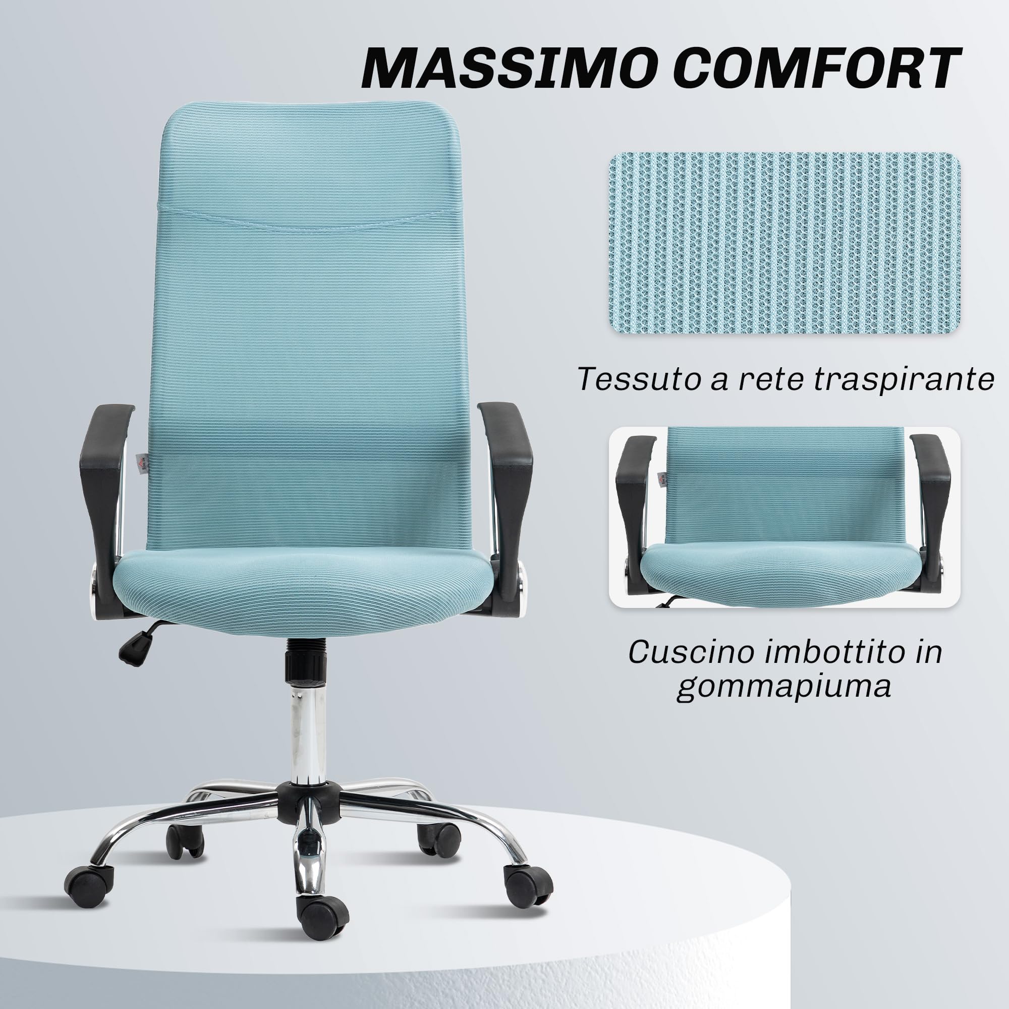 HOMCOM Sedia Ergonomica da Ufficio Girevole e Dondolo con Ruote, Altezza Regolabile e Schienale a Rete, 63x65x109-119 cm, Verde Chiaro