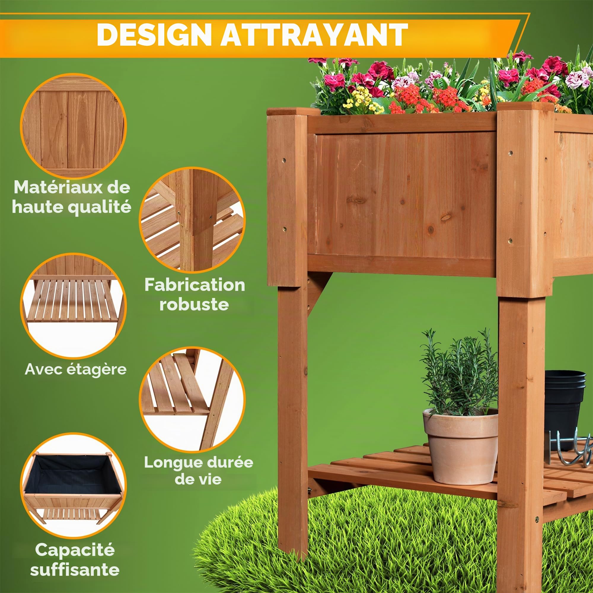Coemo Jardinière surélevée en bois avec étagère - 90 x 60 x 90 cm - Pour terrasse et jardin | Jardinière et jardinière pour balcon, jardinière surélevée avec non-tissé pour plantes, également utilisable comme brise-vue
