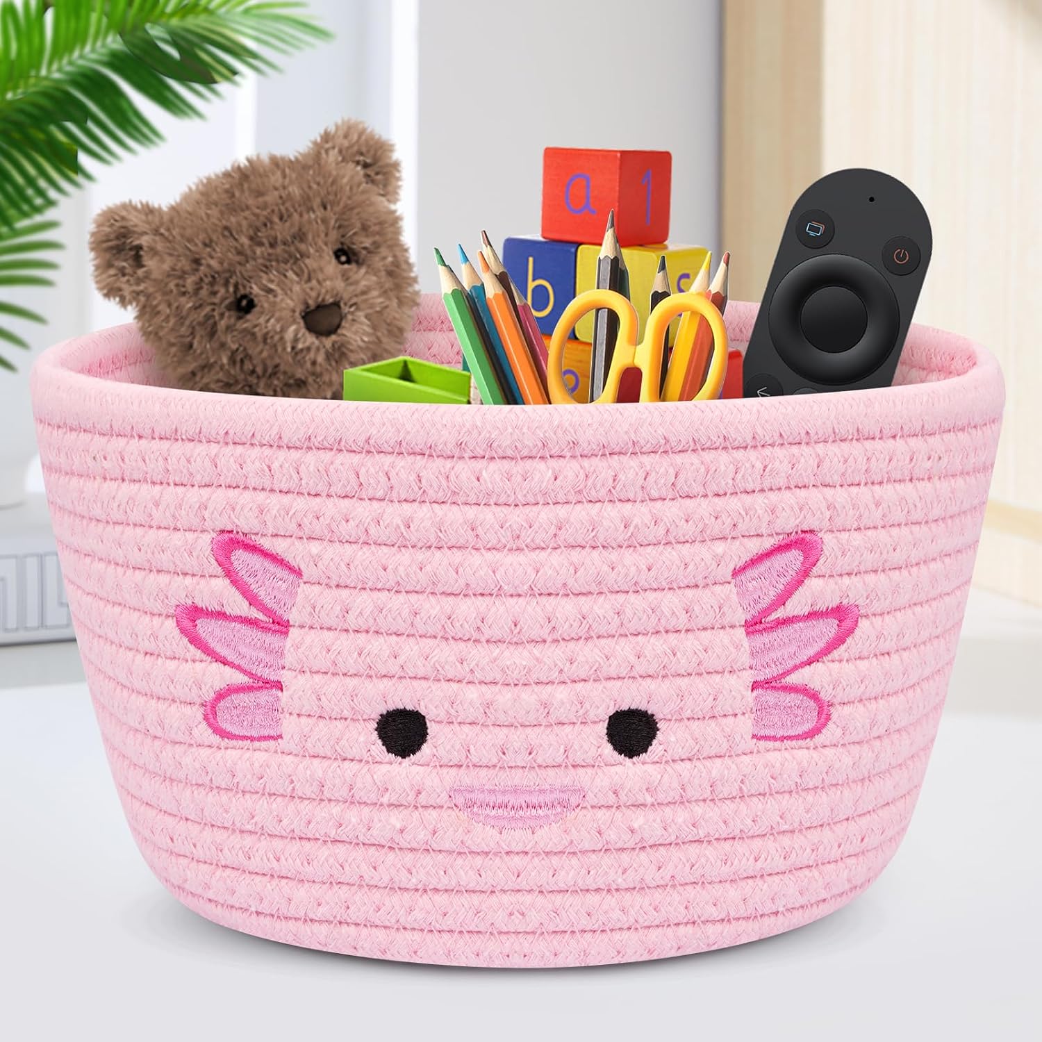 Pink Rope Basket, Cute Axolotl Woven Baskets for Storage, Pink Storage Baskets for Bedroom, Baby Shower, Cat & Dog Toys Basket, Girls Room Decor