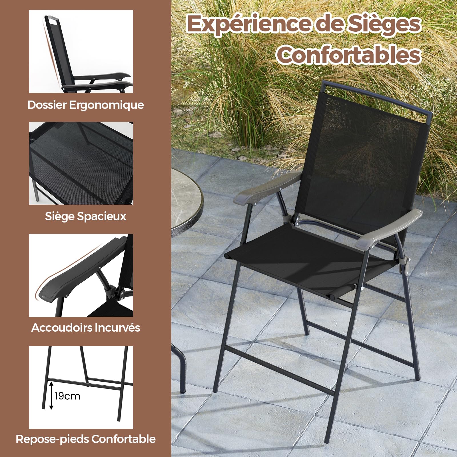 GIANTEX Ensemble Table et Chaise Bar, Mange Debout Extérieur 1 Table Haute en DPC 2 Chaises Bar Pliantes, Trou de Parasol de 42 mm, Ensemble Bistrot pour Jardin, Patio, Balcon, Noir