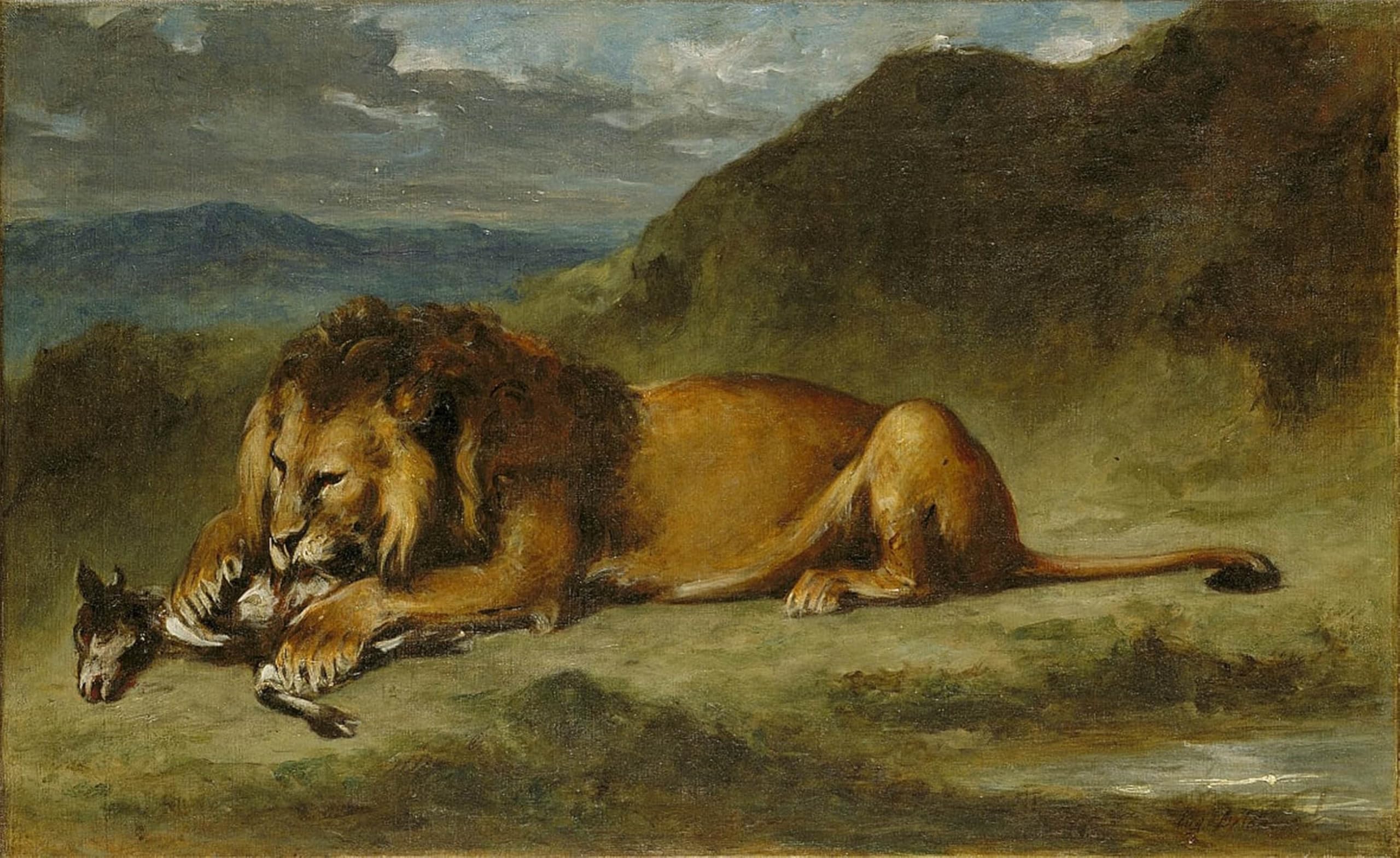 POSTERIIk Famous Modern Artwork Art Mural Lion Devouring a Goat by Ferdinandeugene Delacroix Oil Paintings Pictures for Home Decor 60x90cm