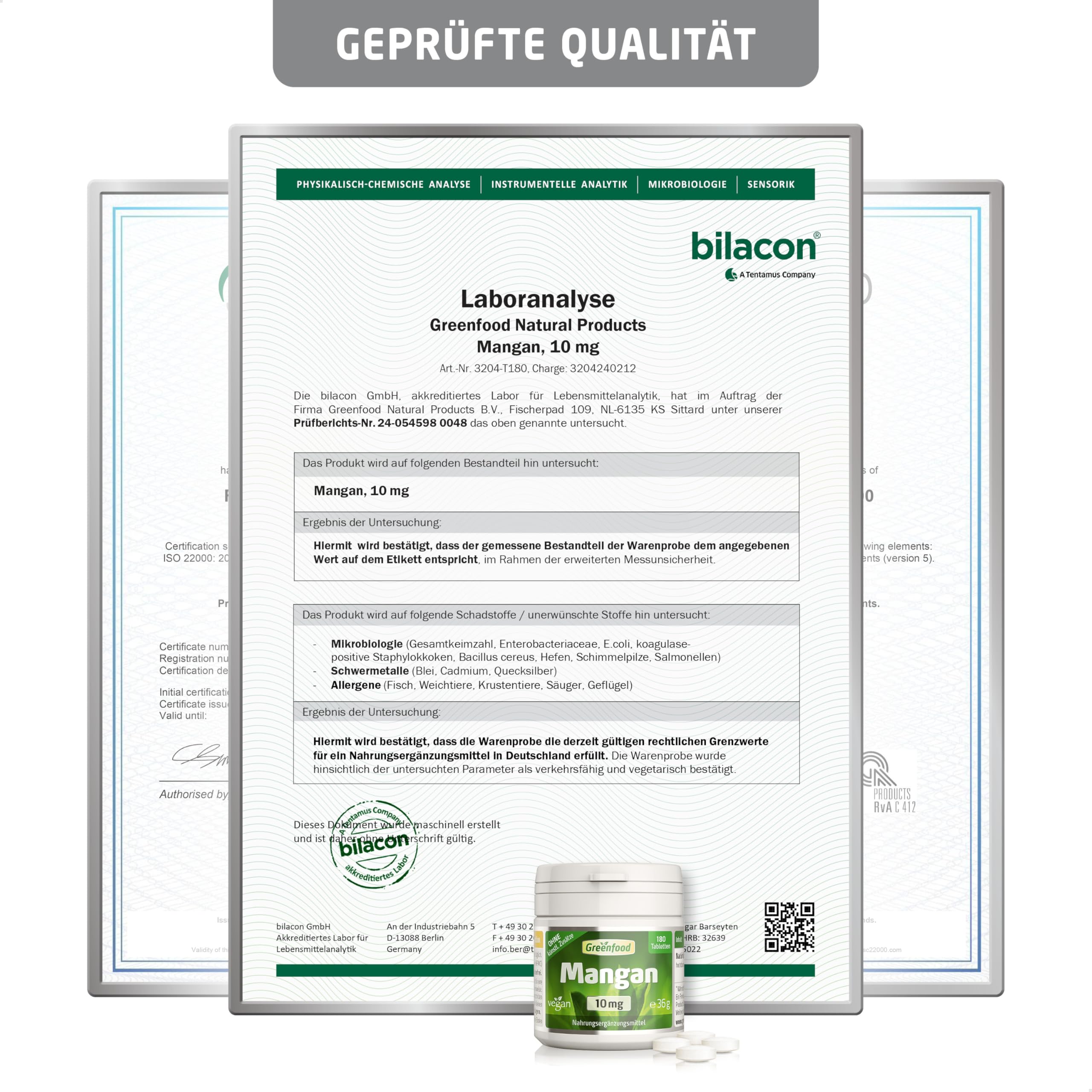 Mangan Tabletten, hochdosiert, 10mg - 180 Stück, vegan. Mangan Bisglycinat - wichtig für den Aufbau von Bindegewebe, Knorpel & Knochen. OHNE künstliche Zusätze - laborgeprüft. Von Greenfood.