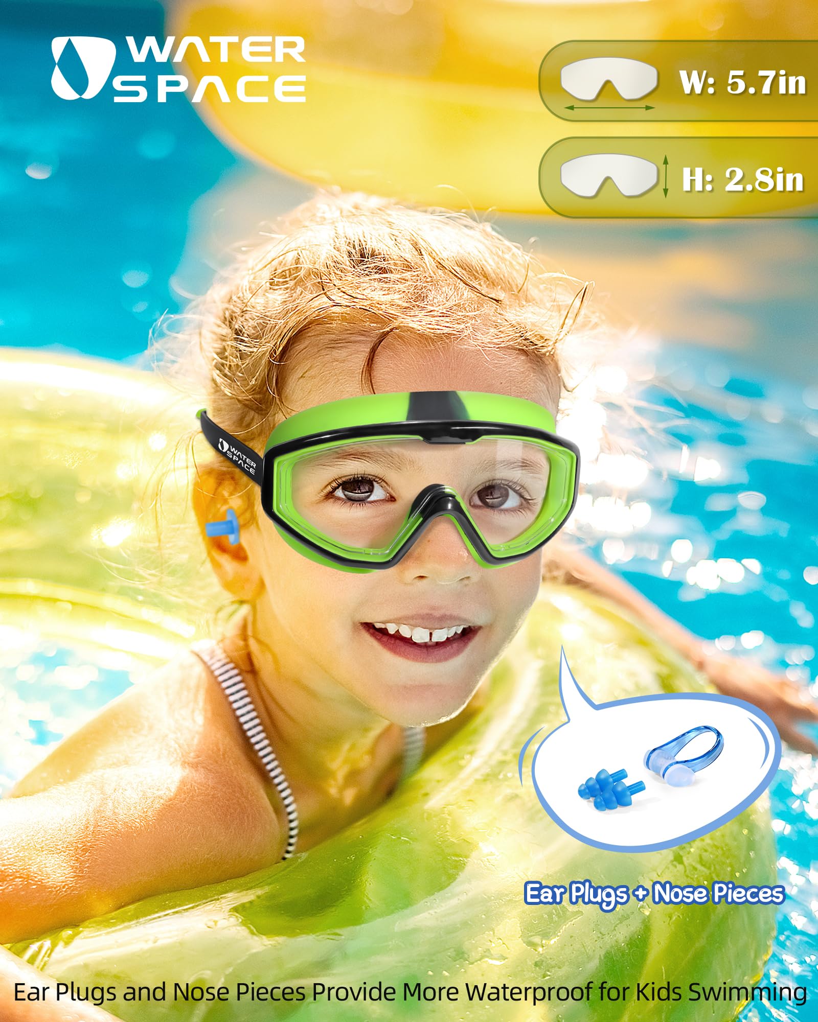 Water Space Occhialini Nuoto per Bambini 3-15, Vista Panoramica Anti Nebbia Nessuna Perdita Occhiali per Piscina e Spiaggia