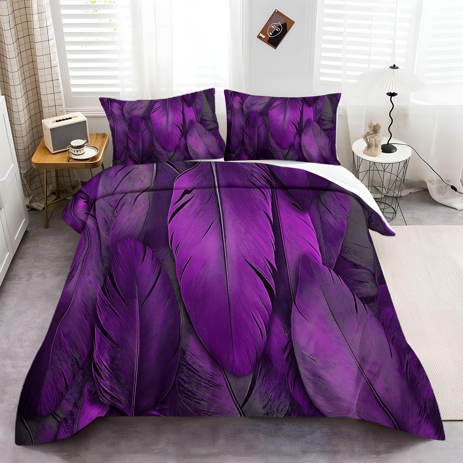 Funda Nórdica 220 x 240 cm Funda Edredon Plumas Moradas Diseño para Dormitorio de los niños, Cama Doble Cama 135/150, + 2 Fundas de Almohada