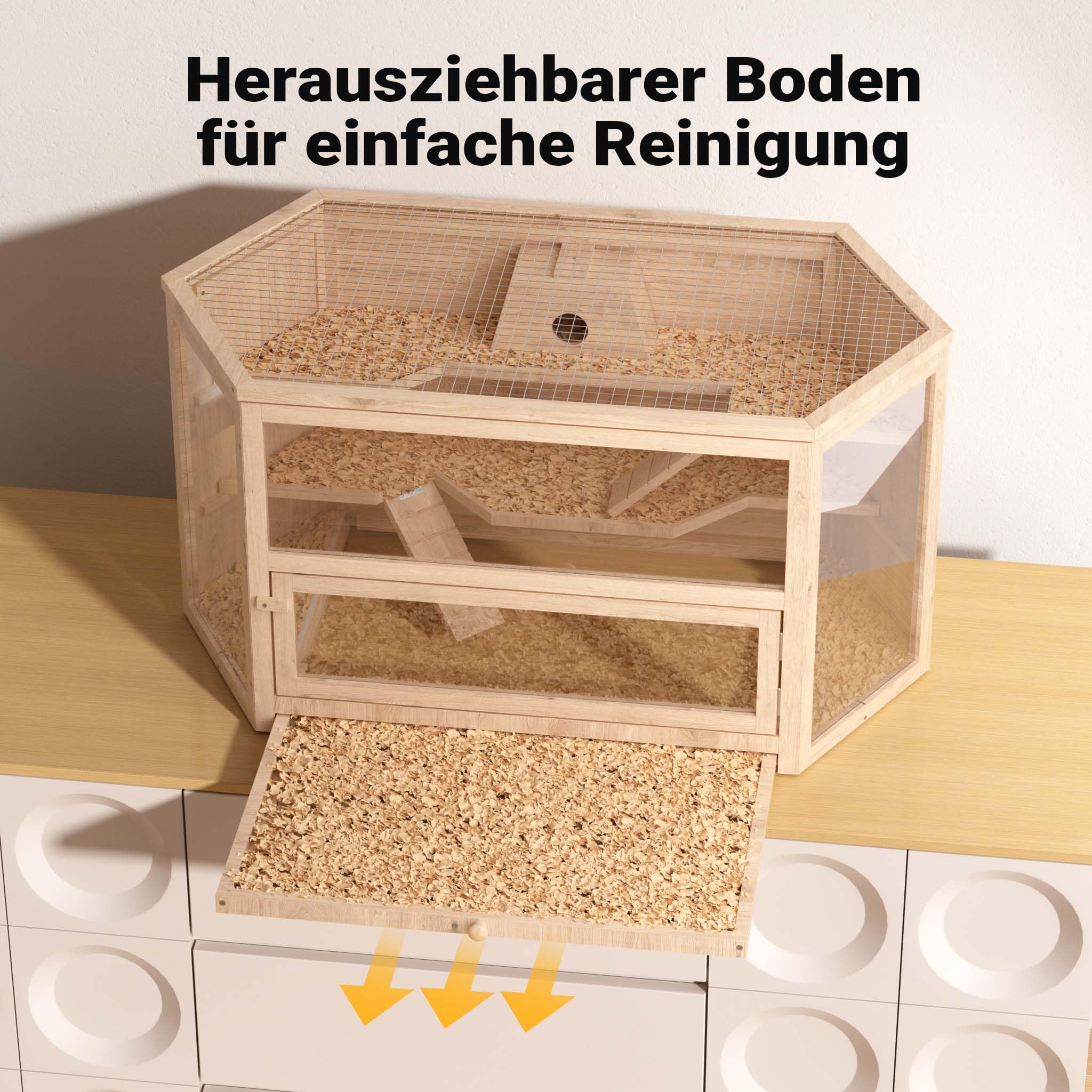 Wiltec XXL 3 Etagen Nagerkäfig, 6-eckig, 1150 x 600 x 580 mm, aus Holz, mit klappbarem Deckel & Sichtfenster, Kleintierhaus Mäusekäfig Hamsterkäfig