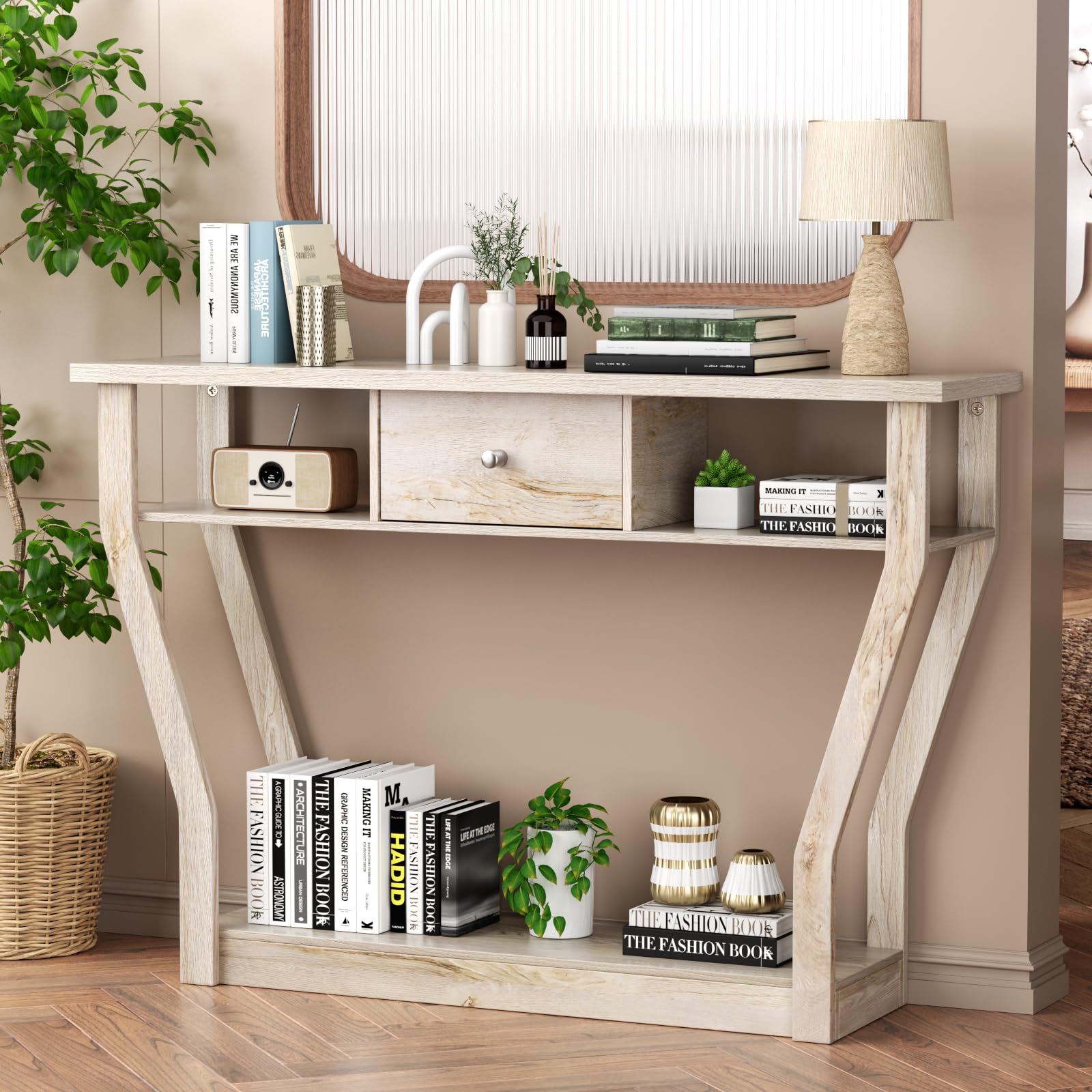 KOTEK47'' Console Table with Storage Drawer and Shelves, Narrow Sofa Table, Accent Foyer Table, Entryway Table for Hallway, Living Room, Easy Assembly (Grey)