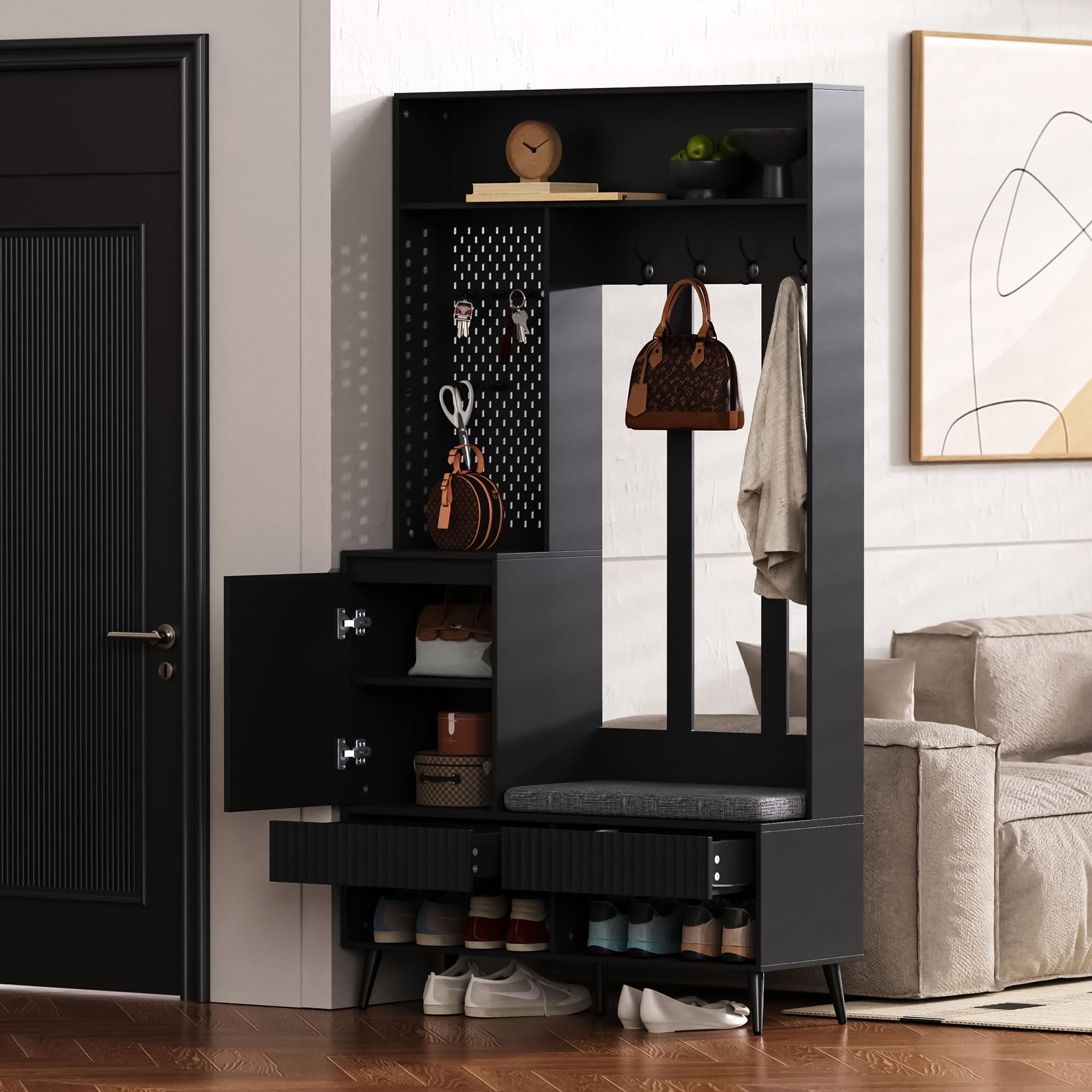 Juego de muebles de entrada que incluye un perchero y un banco para zapatos, vestuario de pared de entrada con 4 ganchos, dos cajones, 1 puerta, y un práctico panel de pared perforado para el pasillo