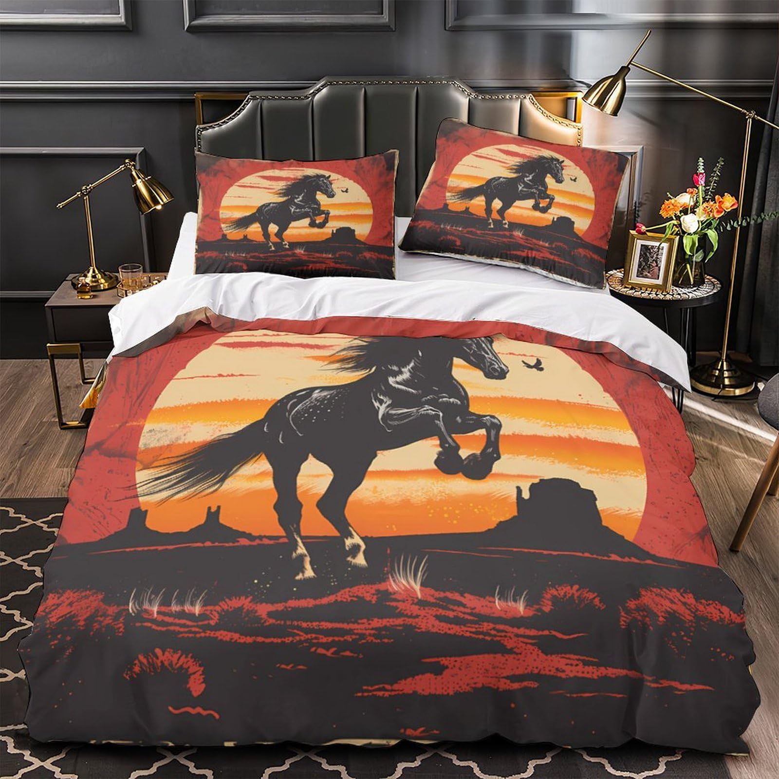 Parure de lit cheval 3 pièces 220x240cm en microfibre premium effet 3D réaliste