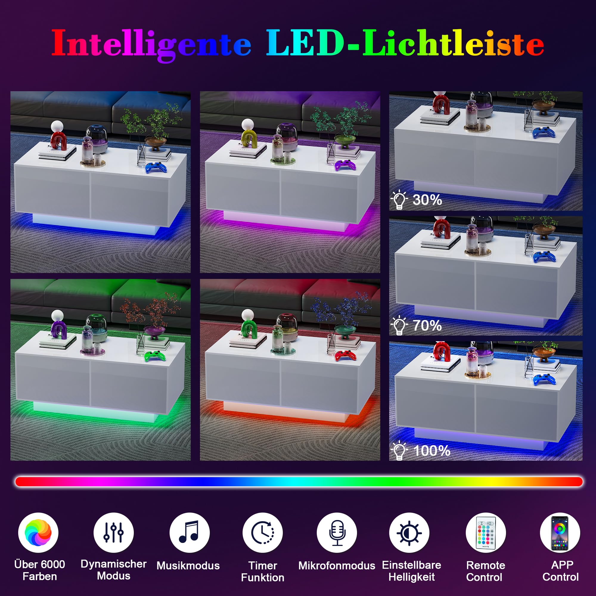 Couchtisch mit Schublade und Offenem Fach, Couchtisch Weiß Hochglanz mit LED-Beleuchtung, Wohnzimmertisch Weiß mit Stauraum, 100 x 50 x 40 cm
