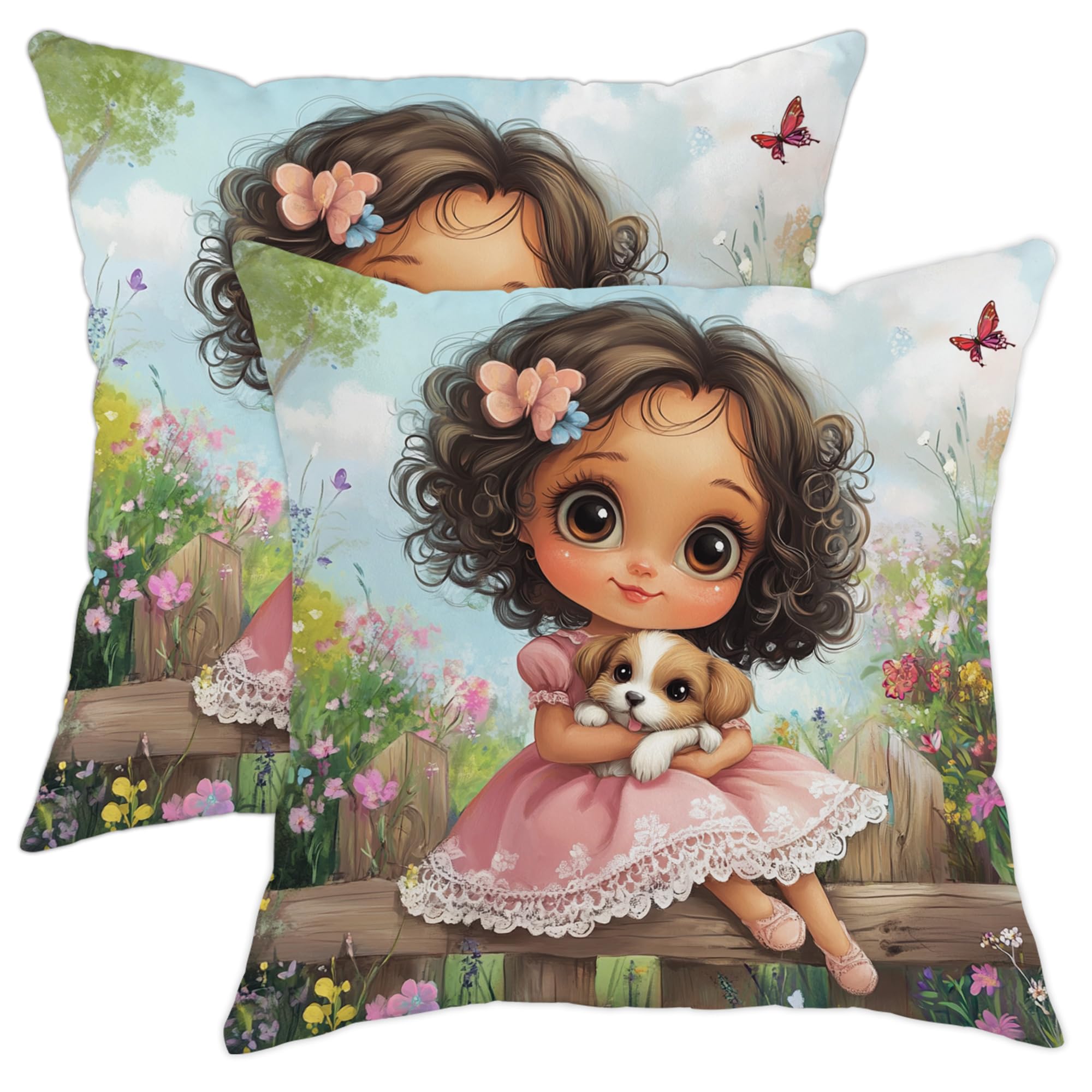 Adorable Girl and Puppy Pillow Covers Set of 2, Colorful Floral Throw Pillows for Spring, Charming Decorative Cushion Covers for Kids Bedroom Sofa 20x20 Inch