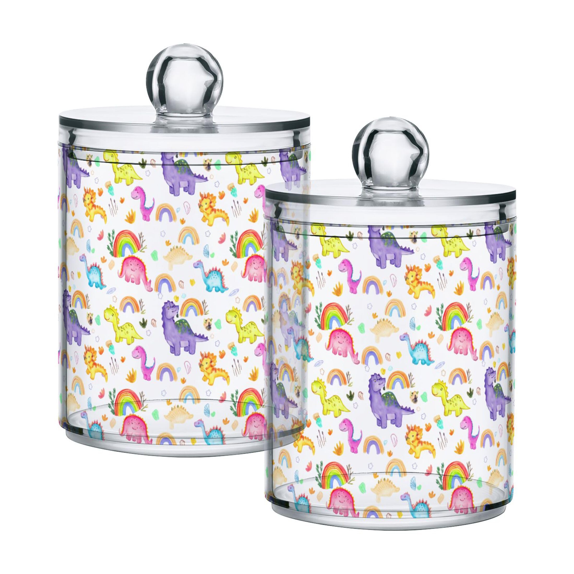 Sevdomey Colorful Dinosaurs Qtip Holder with Lid Set of 4, Clear Plastic Apothecary Jars Bathroom Storage Containers