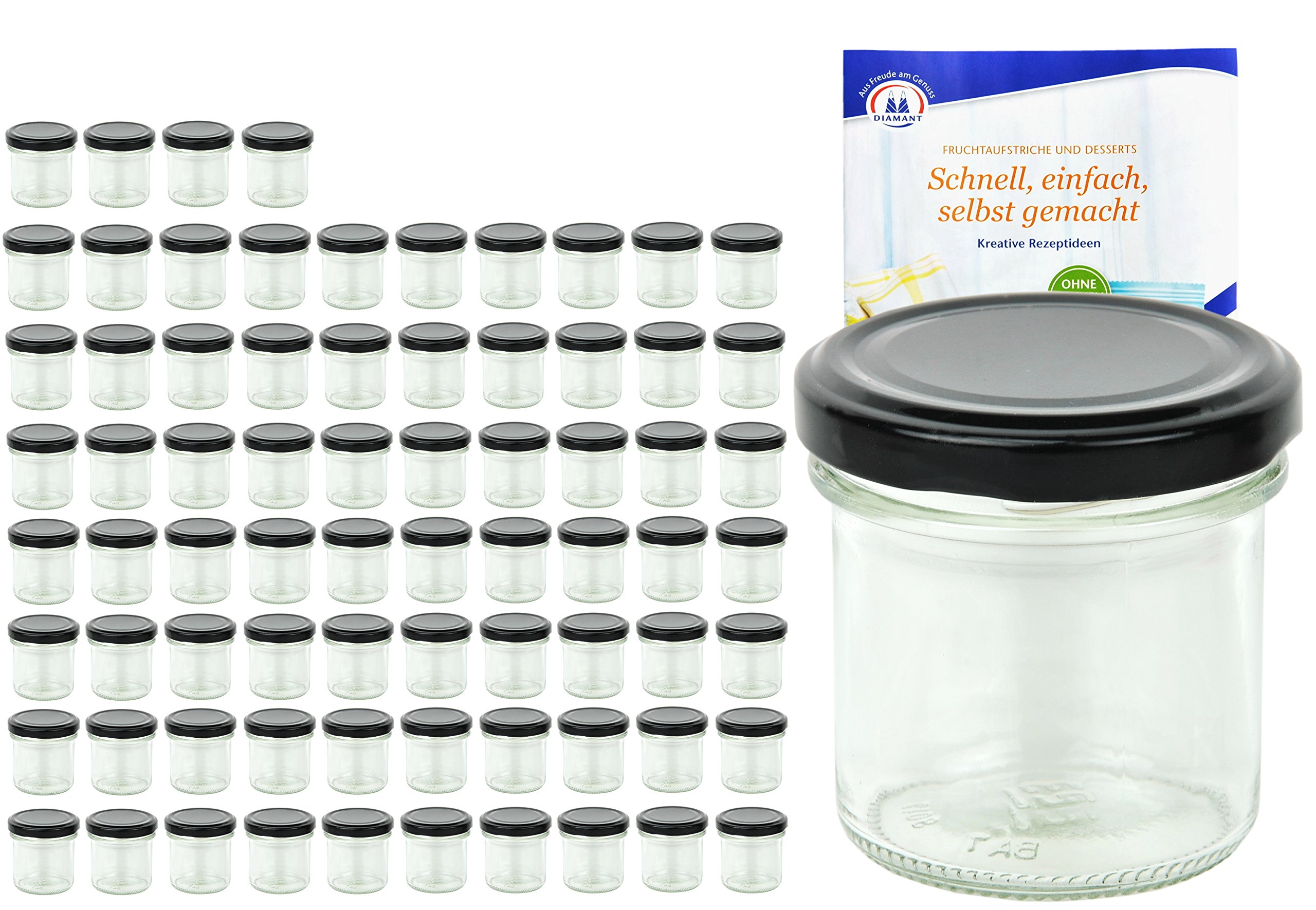 MamboCat 75er Set Sturzgläser 167 ml Deckelfarbe schwarz to 66 inkl. Diamant Gelierzauber Rezeptheft, Marmeladengläser, Einmachgläser, Einweckgläser, Gläser