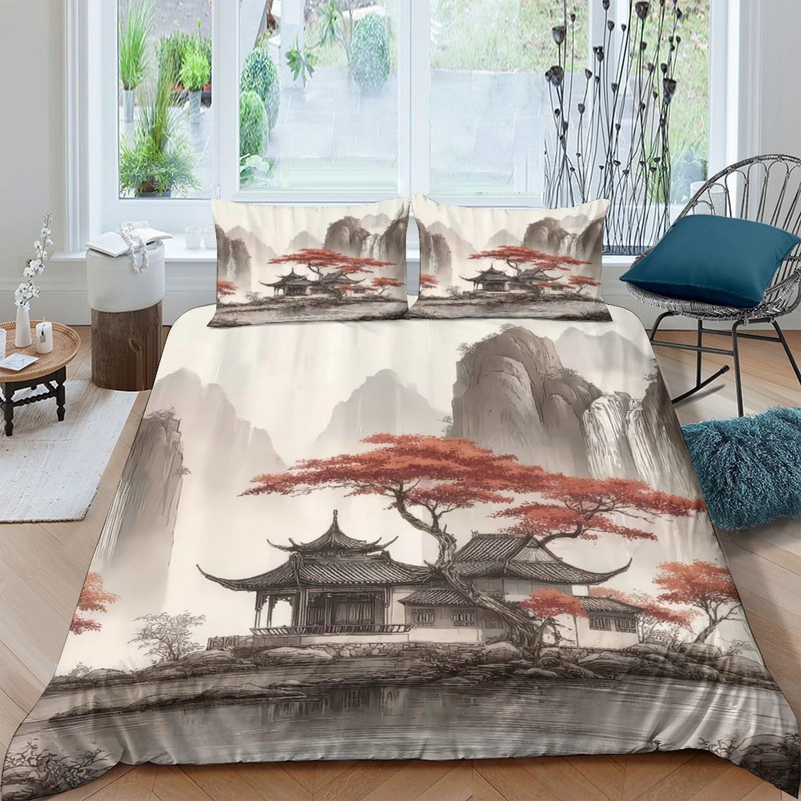 Ctjqhvkz Style-8 3D Printed Chinese Landscape Fitted Sheet Microfiber Red Maple Pagoda Mattress Cover Bedroom Protector Decor Uk Single（135X200cm）
