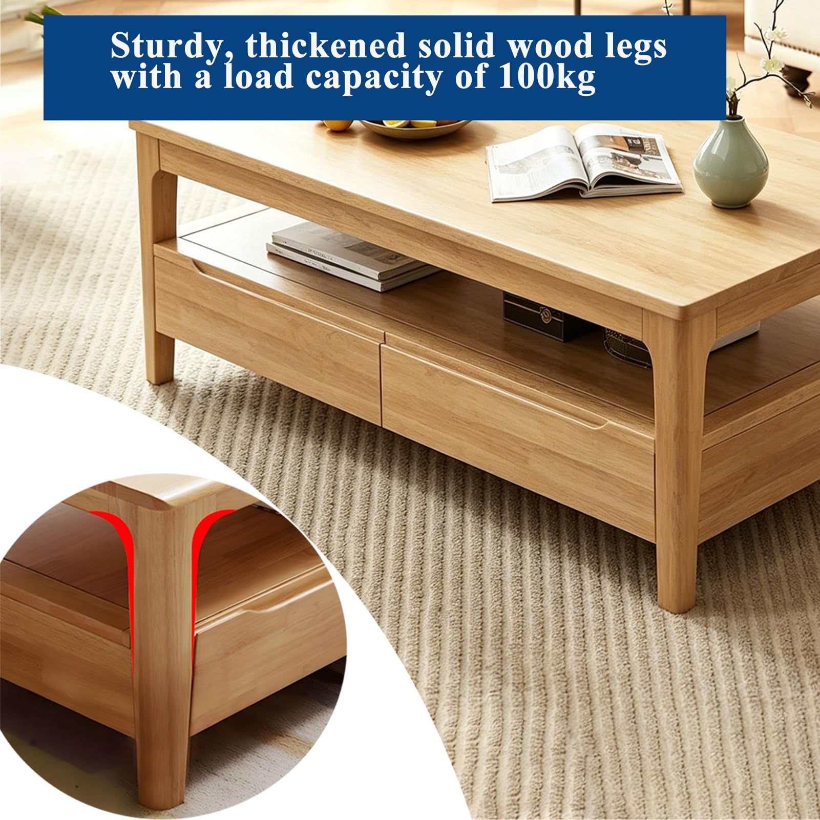 Mesa de Centro Rectangular de Madera Maciza con 4 Cajones y Estante de 2 Niveles – Gran Almacenaje para Salón, Oficina, Apartamento – Estilo Campestre, Madera Natural (100x50x45cm)