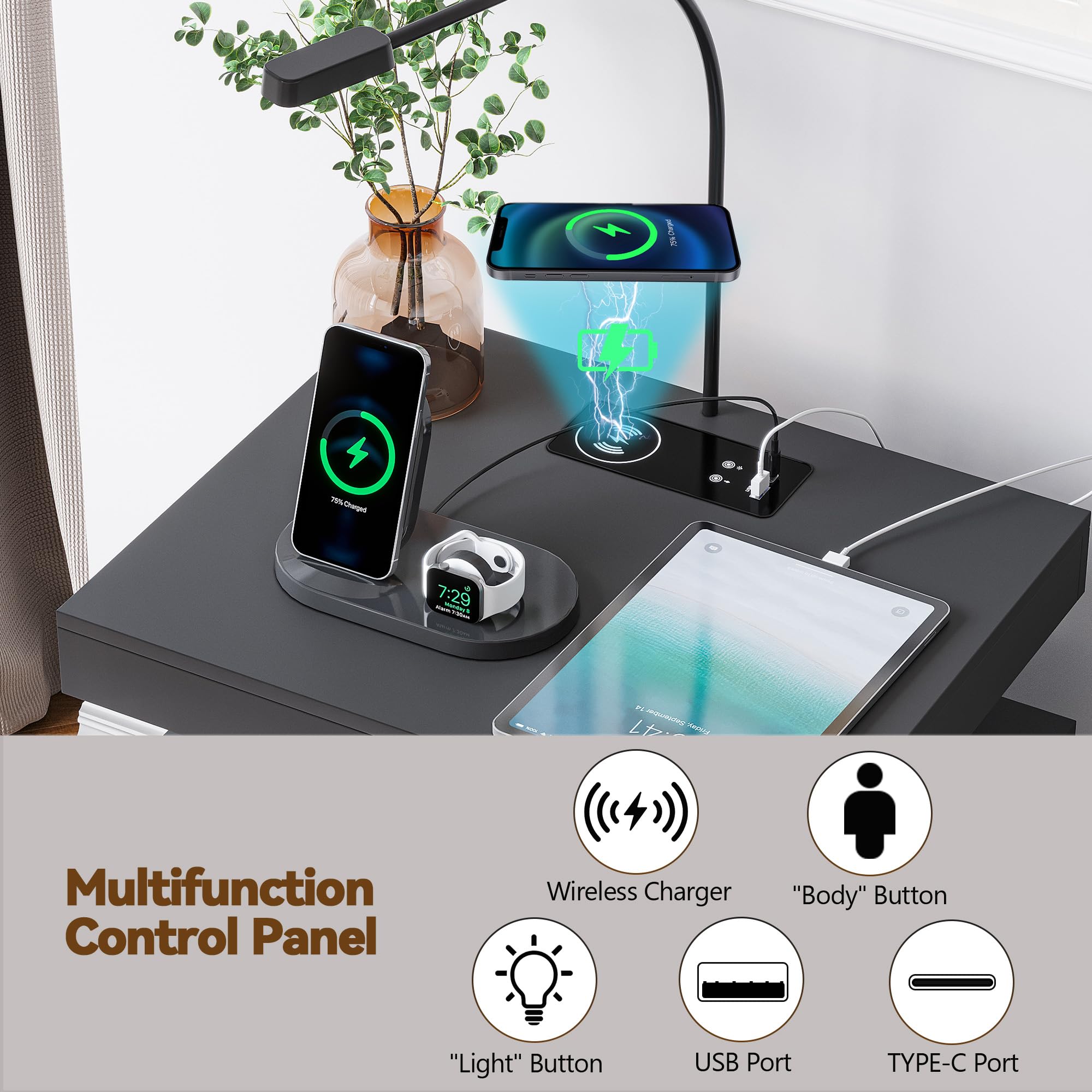 Table de Chevet, Lot de 2, Tables d'Appoint avec Éclairage LED, 1 Port USB-A,1 Port USB-C et Compartiment Latéral Ouvert, Blanc - Maison