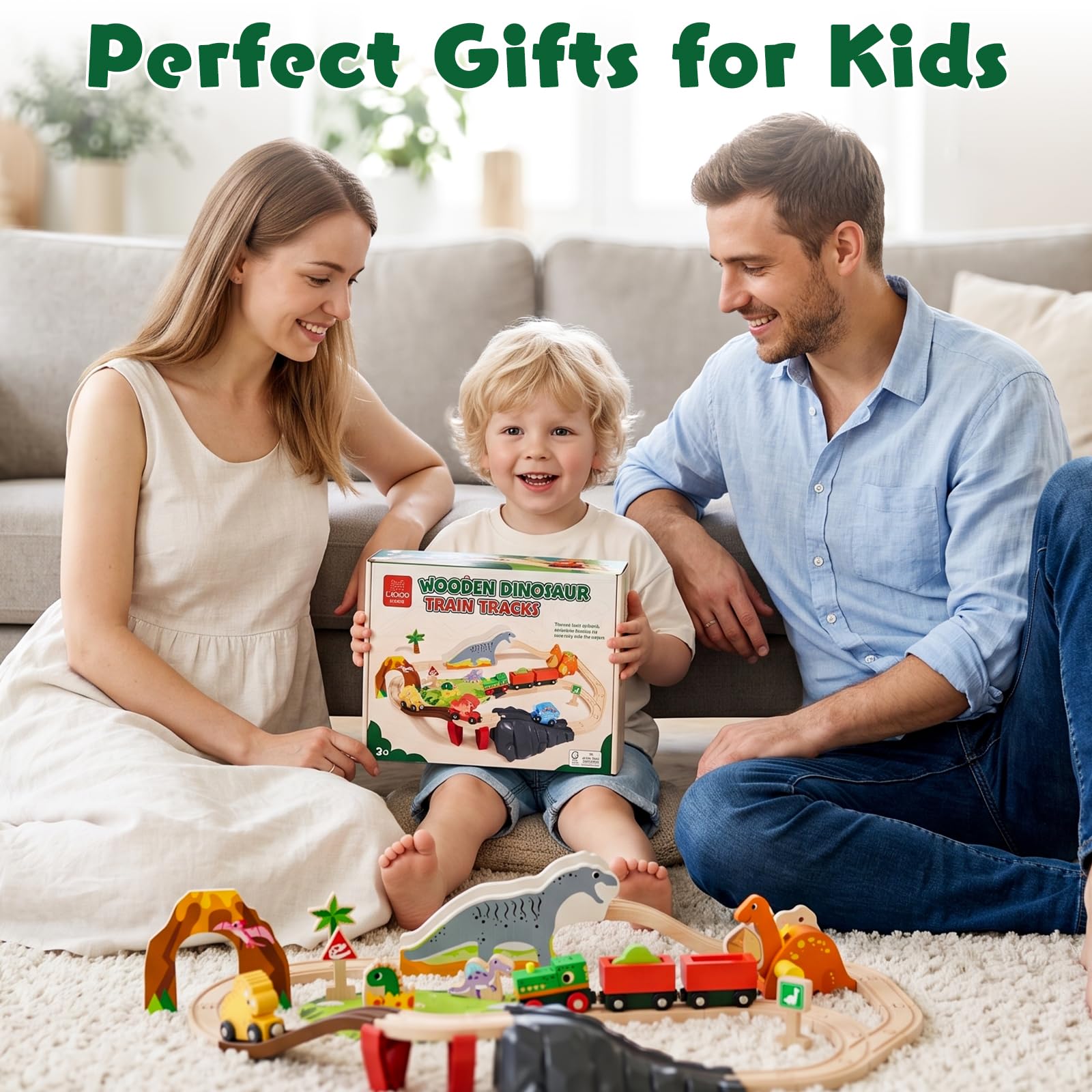 Lehoo Castle Tren Madera, Juguete de Dinosaurios para Niños, Juguete de Tren Compatible con Thomas, Brio y Hape, Regalo para Niños y Niña