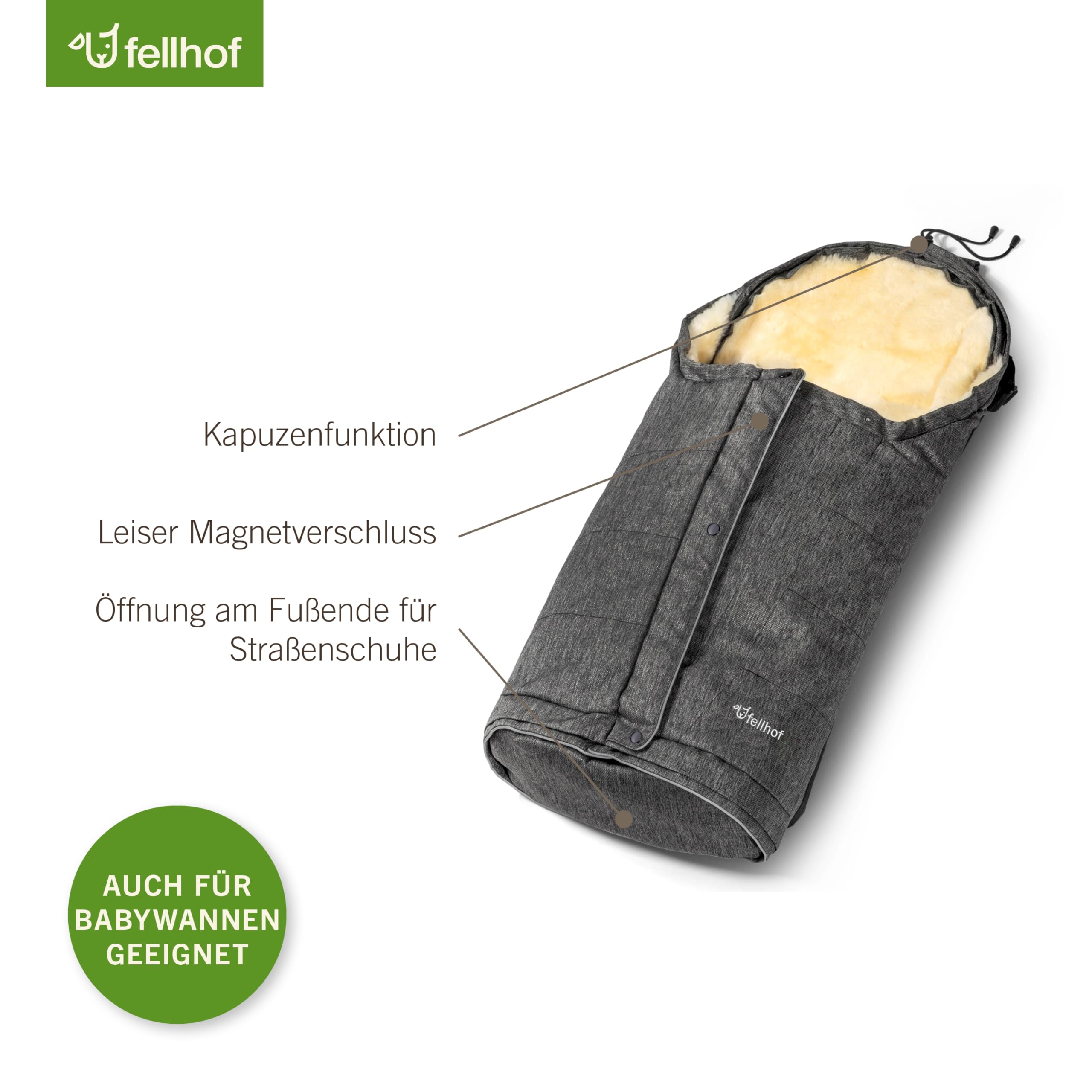 Fellhof HOCHSÖLDEN Kinderwagenfellsack graphit-melange | 40/45 x 86/106 cm | Merino Lammfell | größenverstellbar | wind- und wasserabweisend mit Magnetverschlus