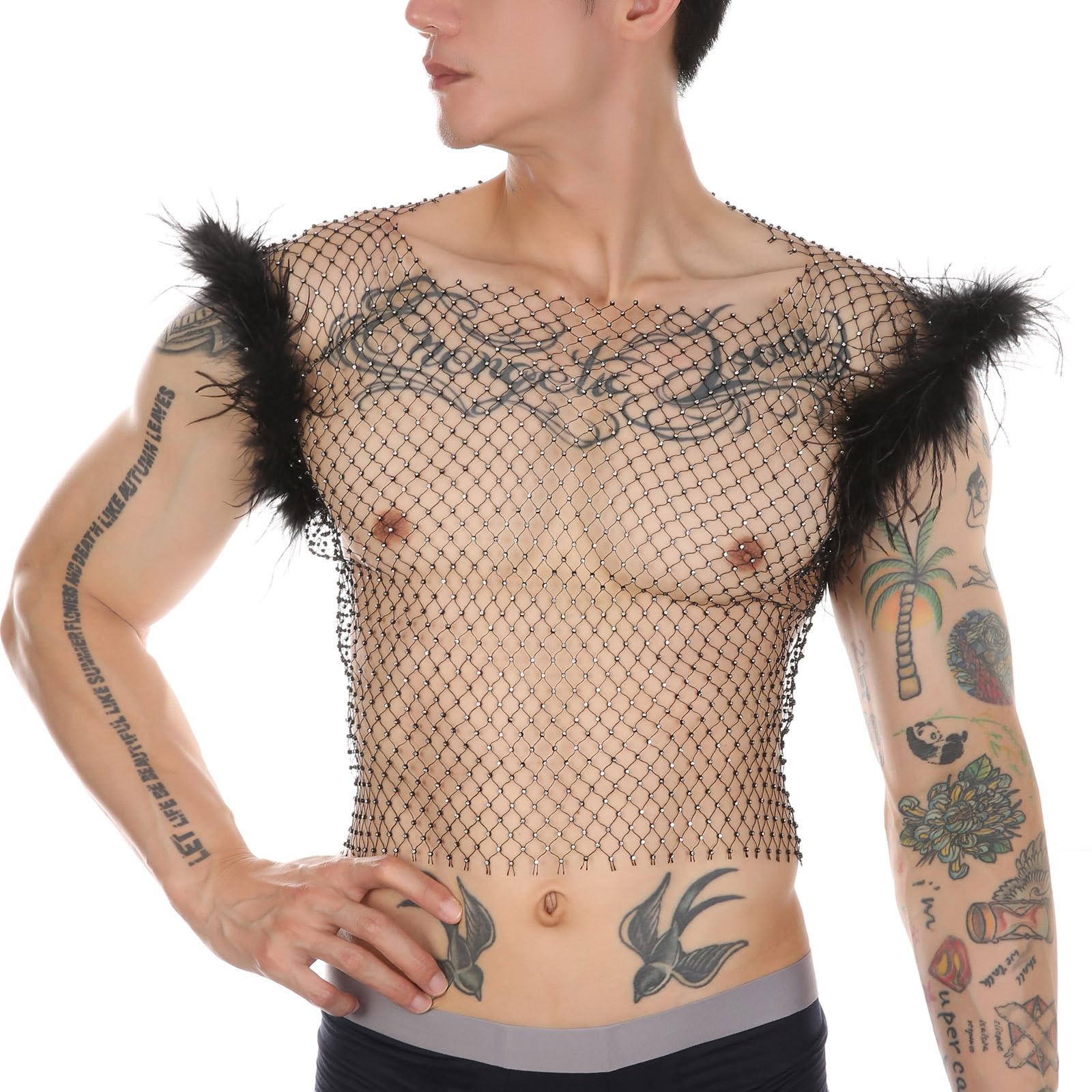 RUIXIA Débardeurs en Résille avec Strass pour Hommes Haut Sexy et Pailletée Homme Gilet sans Manches en Résille Débardeurs Transparent pour Soirée Club